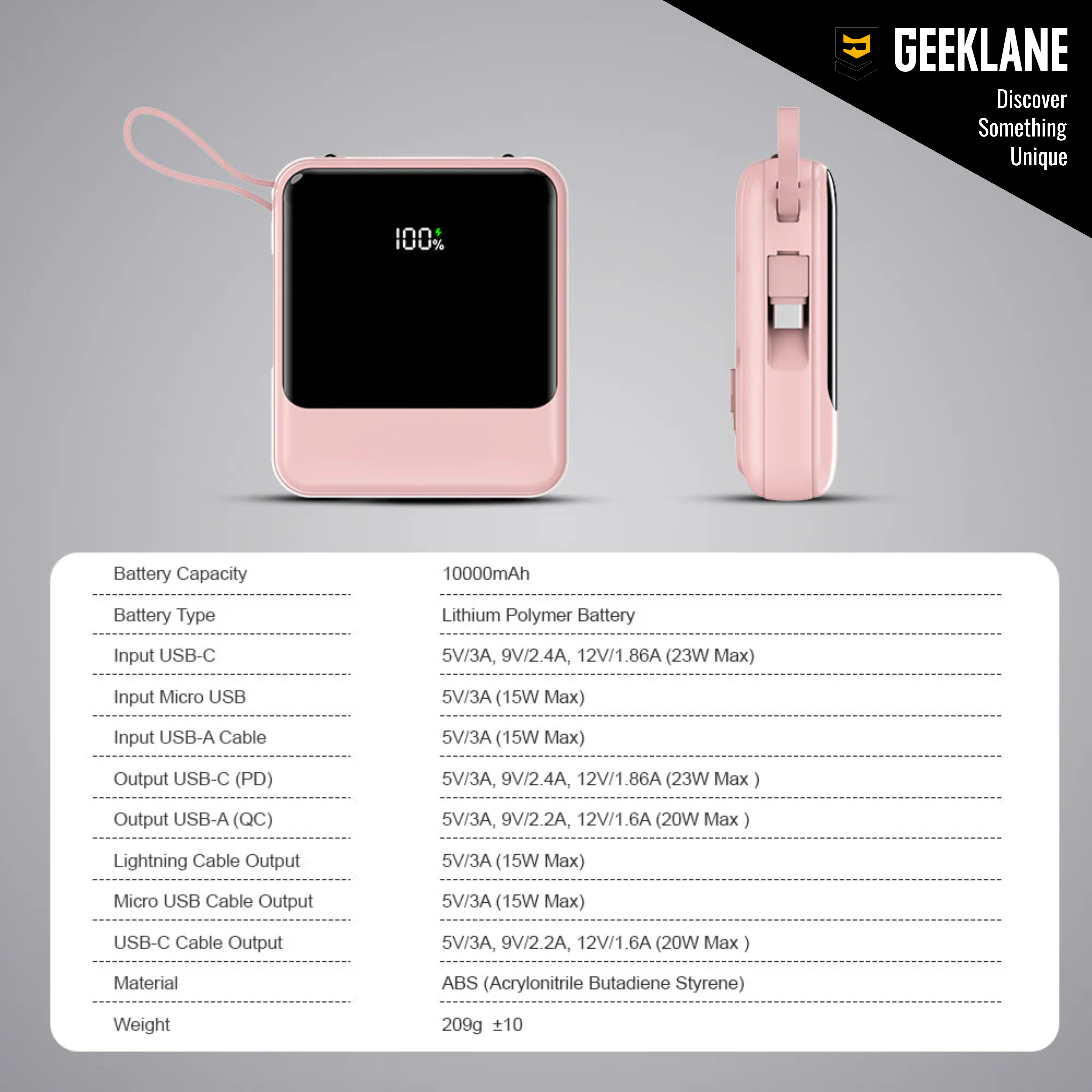 Powbee: 10,000mAh Compact Power Bank with 23W PD Fast Charging, Built-In Charging Cables & Digital Display, Dual Output Portable Battery Pack with Type-C Input/Output