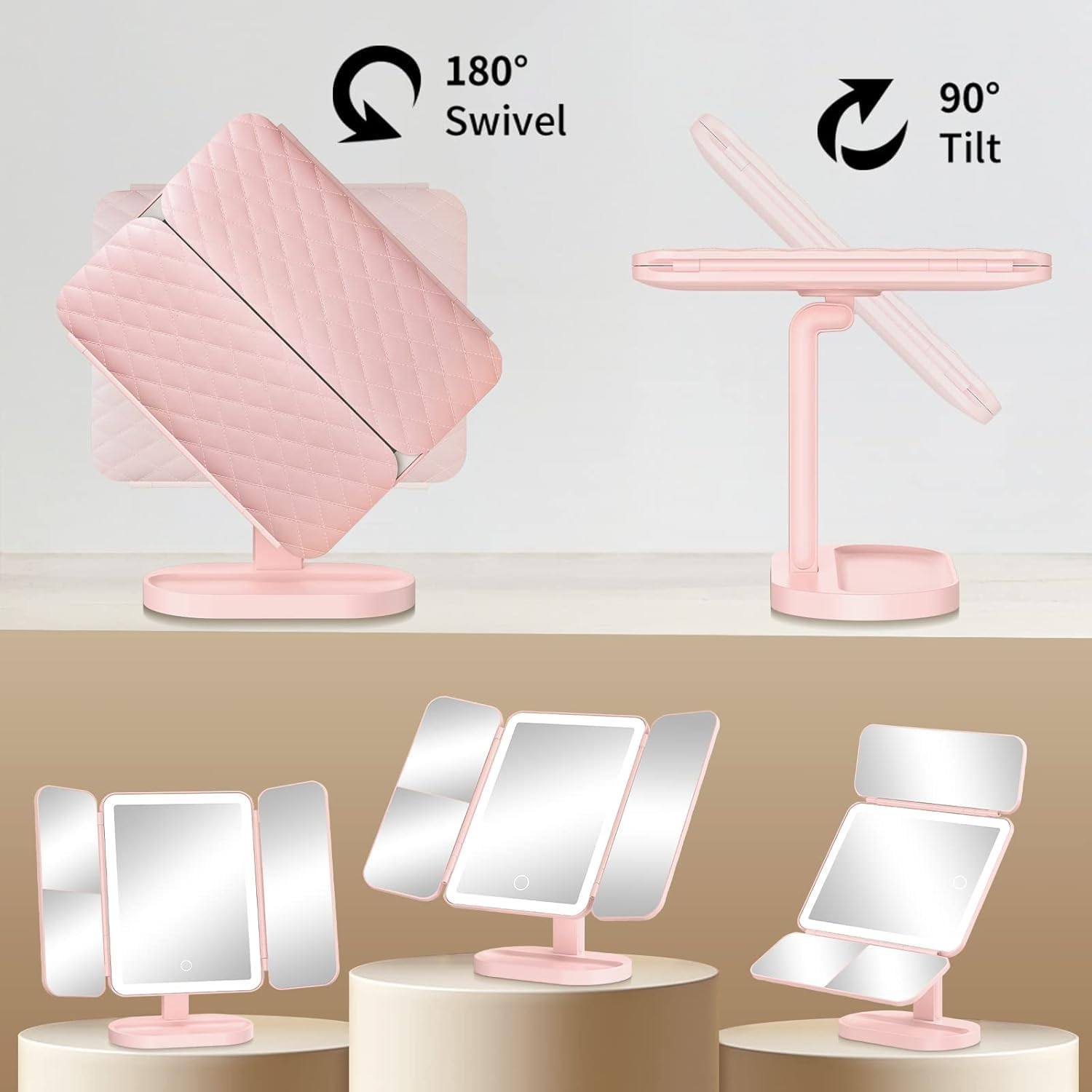 Mirra: Trifold LED Makeup Mirror with Touch Dimming, 3 Color Modes & 1X/3X/5X Magnification – Rechargeable Vanity Mirror for Travel & Daily Makeup
