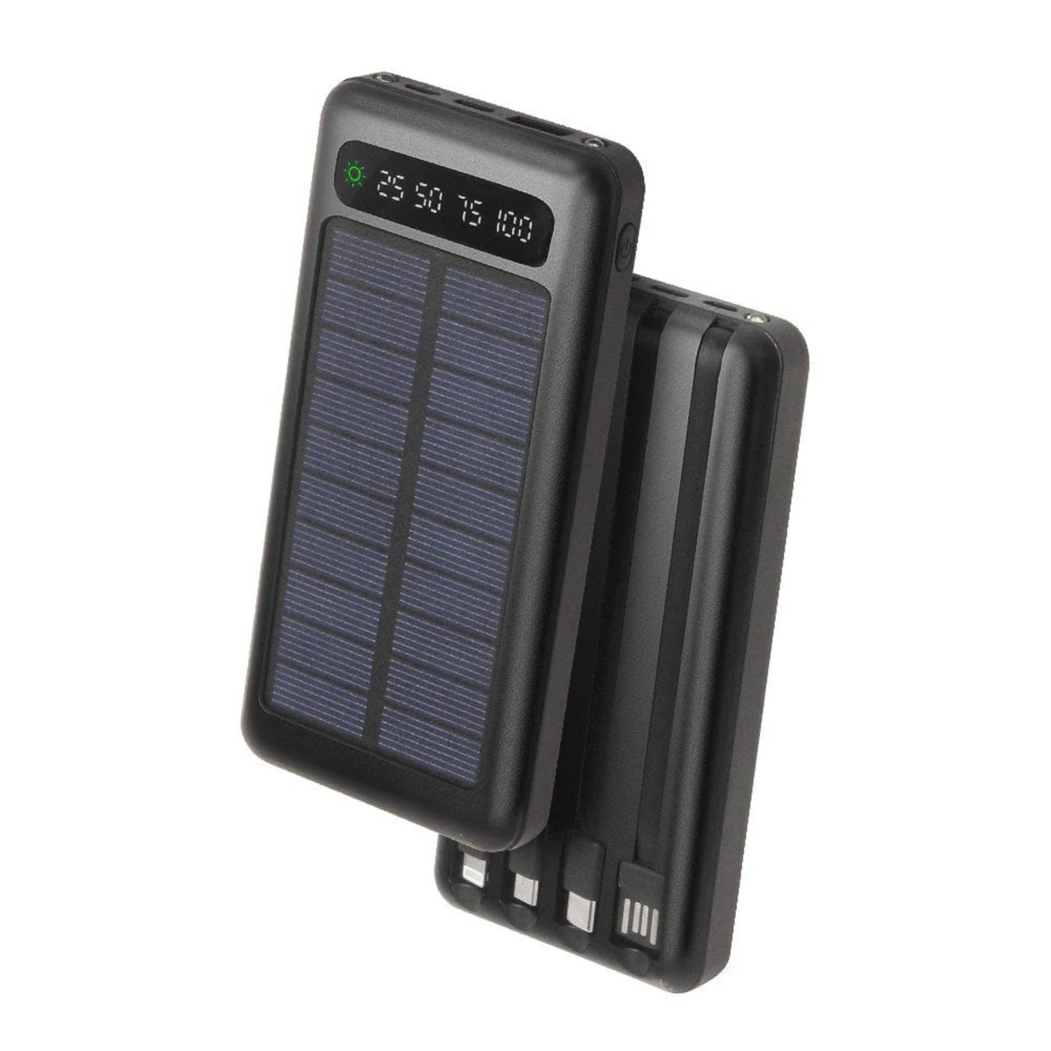 Beamie: 10,000mAh Solar Power Bank with Fast Charging, 4 Built-in Cables, 4 USB Outputs, LED Flashlight & Dual Input for Outdoor Travel & Emergency Use