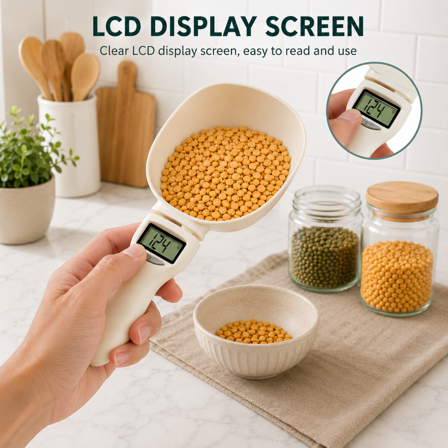 Scoopy: Digital Measuring Spoon Scale with LCD Display, 1g Precision, Removable Spoon & Electronic Weighing Function for Kitchen Ingredients, Meals & Pet Food