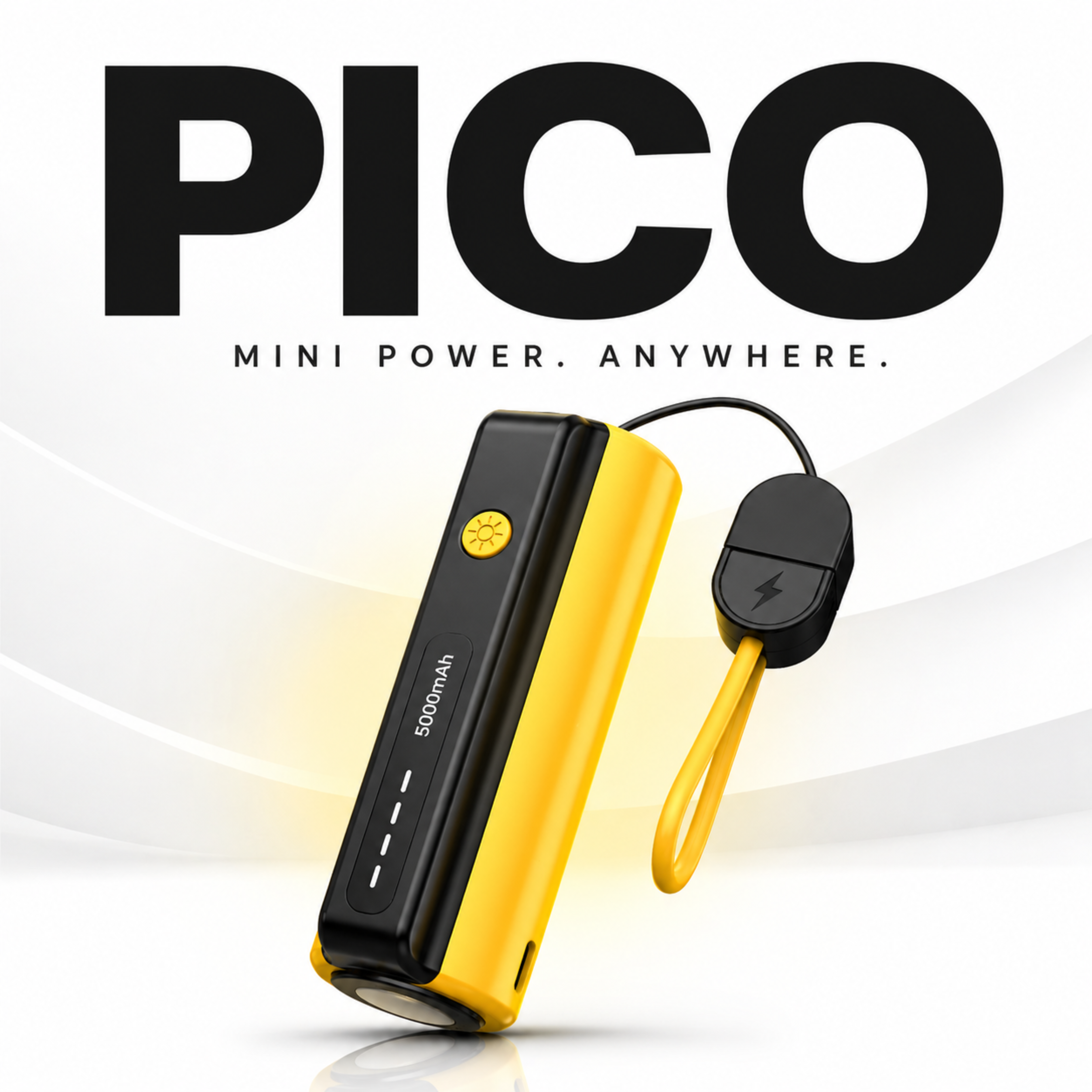 Pico: 5000mAh Mini Pocket Power Bank with Built-In Lanyard Type-C Cable, Torch & Fast Charging