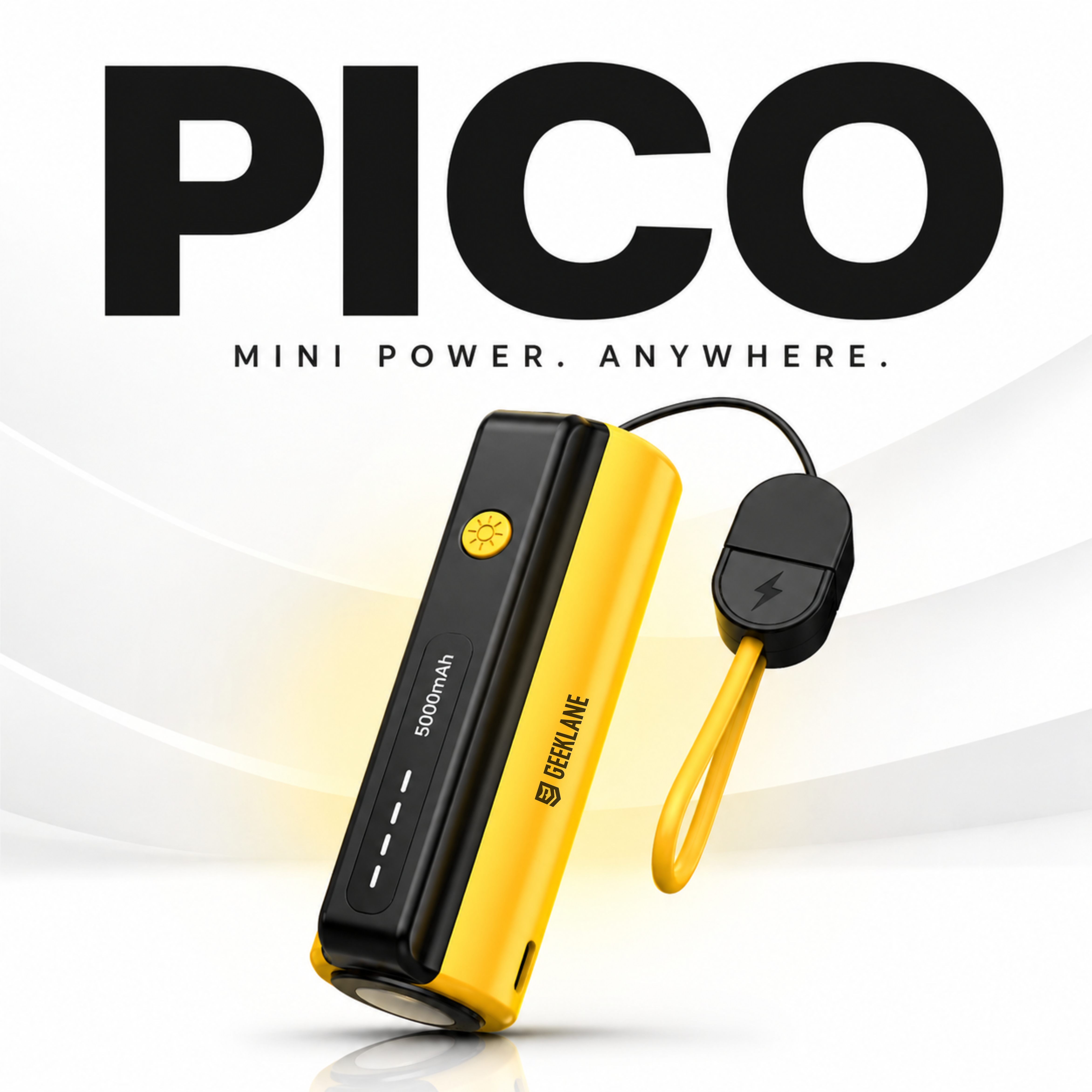 Pico: 5000mAh Mini Pocket Power Bank with Built-In Lanyard Type-C Cable, Torch & Fast Charging