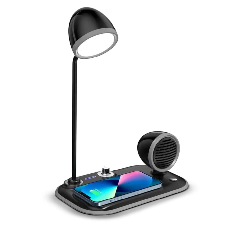 A black 3-in-1 desk lamp with integrated 15W wireless charging pad and 10W Bluetooth speaker, with adjustable brightness knob.