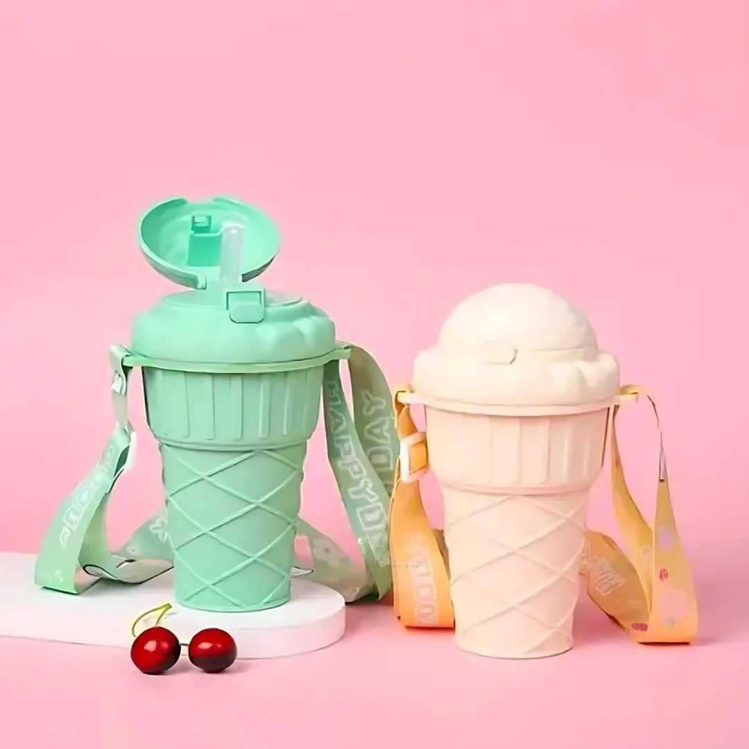 Sippy: Adorable Ice Cream Cone Sipper Bottle with Built-In Straw & Kid-Friendly 450ml Design