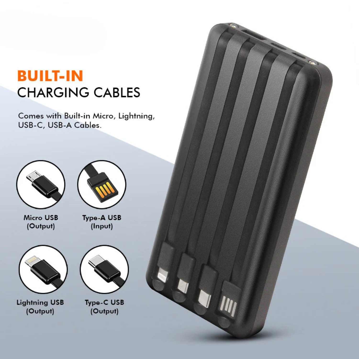 Beamie: 10,000mAh Solar Power Bank with Fast Charging, 4 Built-in Cables, 4 USB Outputs, LED Flashlight & Dual Input for Outdoor Travel & Emergency Use