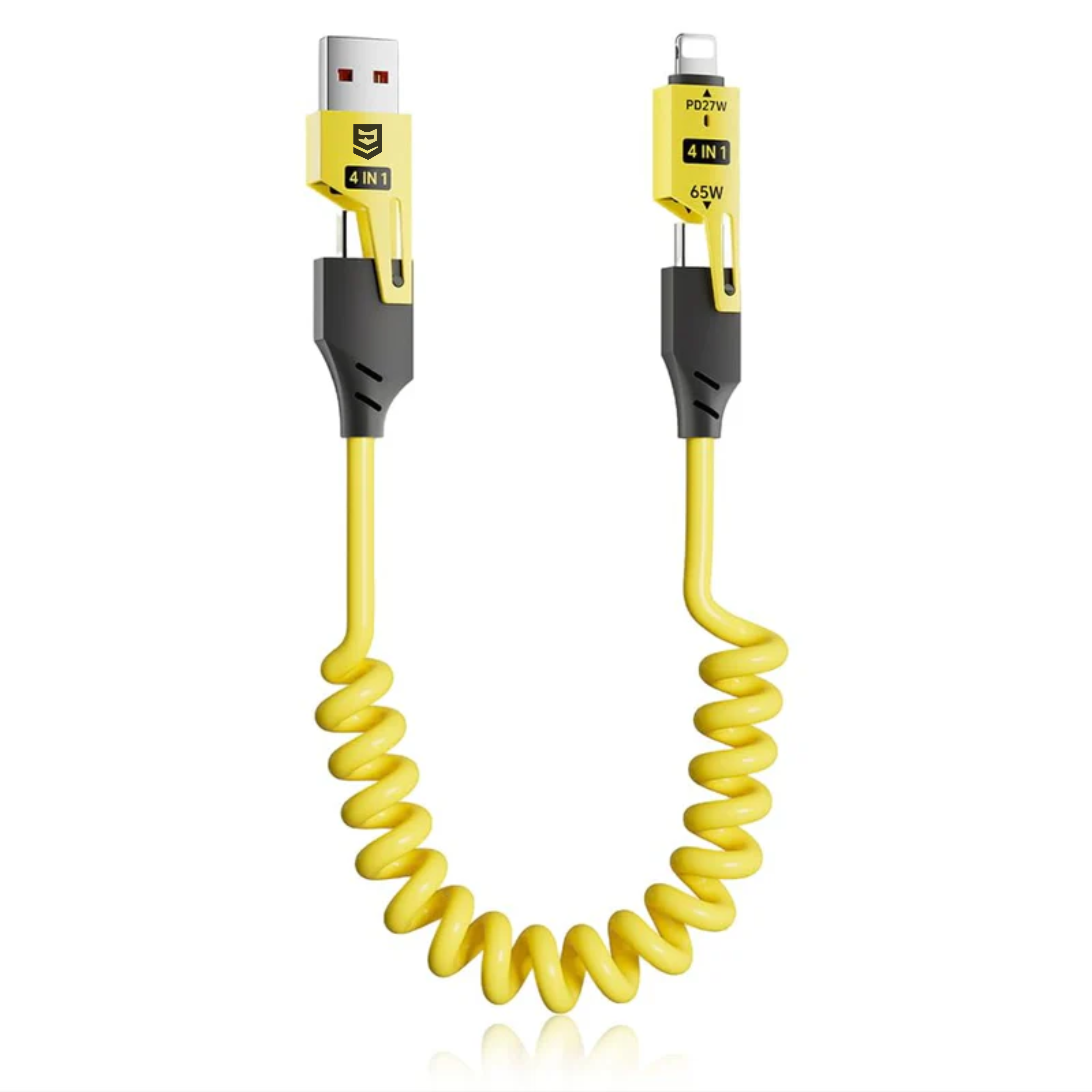 Coolio: 4-in-1 Coiled Charging Cable with USB-A, Type-C & Lightning Connectors – Space Saving Design for Travel, Car & Desk Setups
