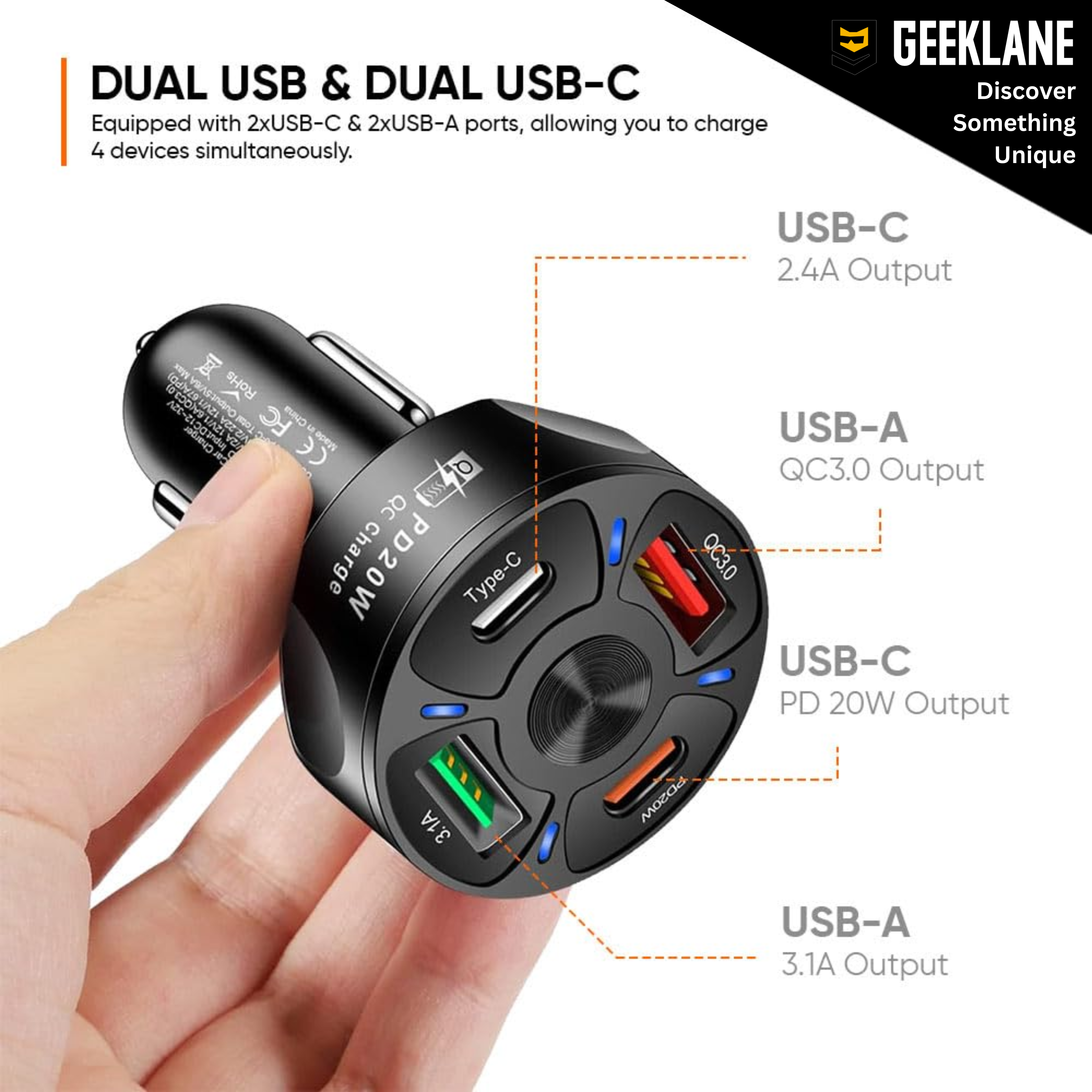 Portsy: 35W Car Charger with Dual USB-C & Dual USB-A Ports, PD 20W & QC 3.0 Fast Charging Adapter for 4 Devices, 12V/24V Compatible for Car