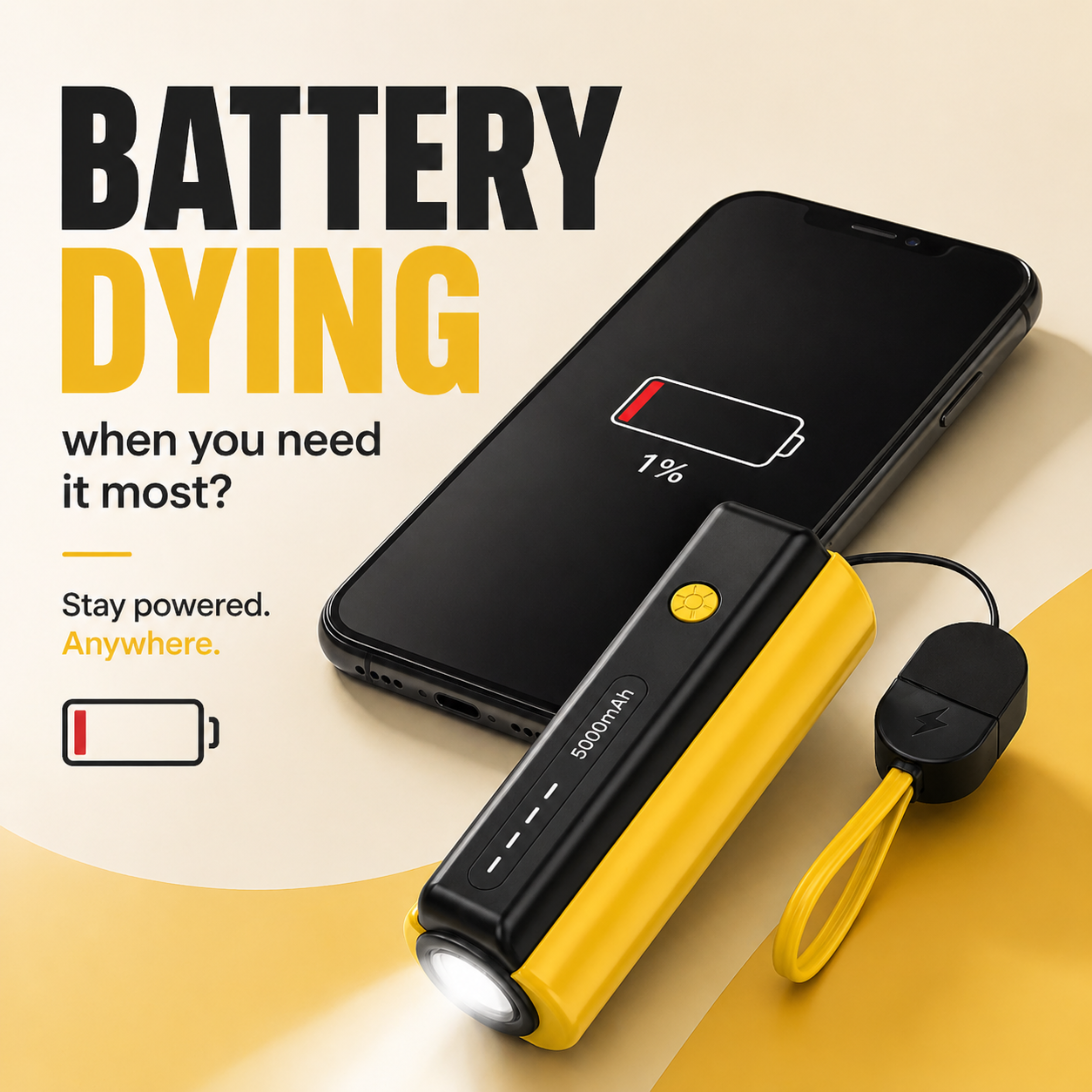 Pico: 5000mAh Mini Pocket Power Bank with Built-In Lanyard Type-C Cable, Torch & Fast Charging