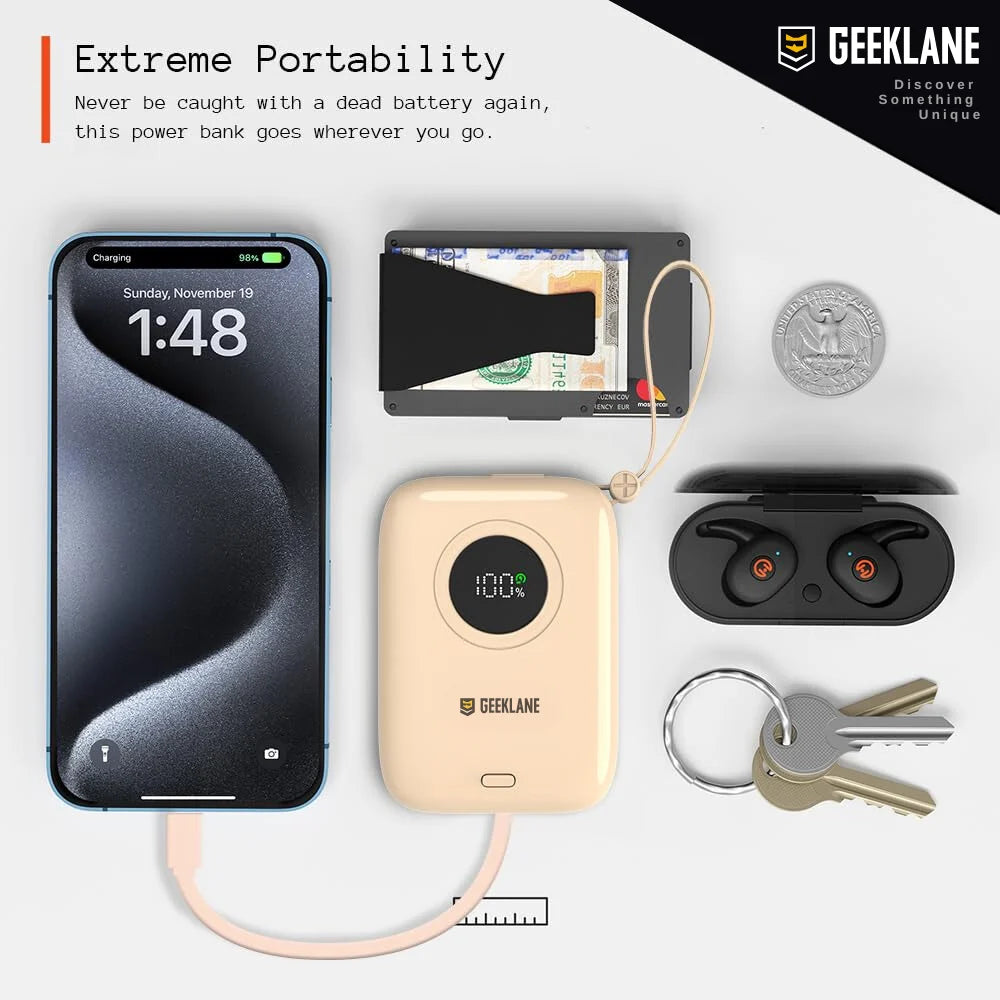 Pebble: 10,000mAh Palm-Sized Power Bank with Built-In Cables, 23W Fast Charging & PD for iPhone & Android