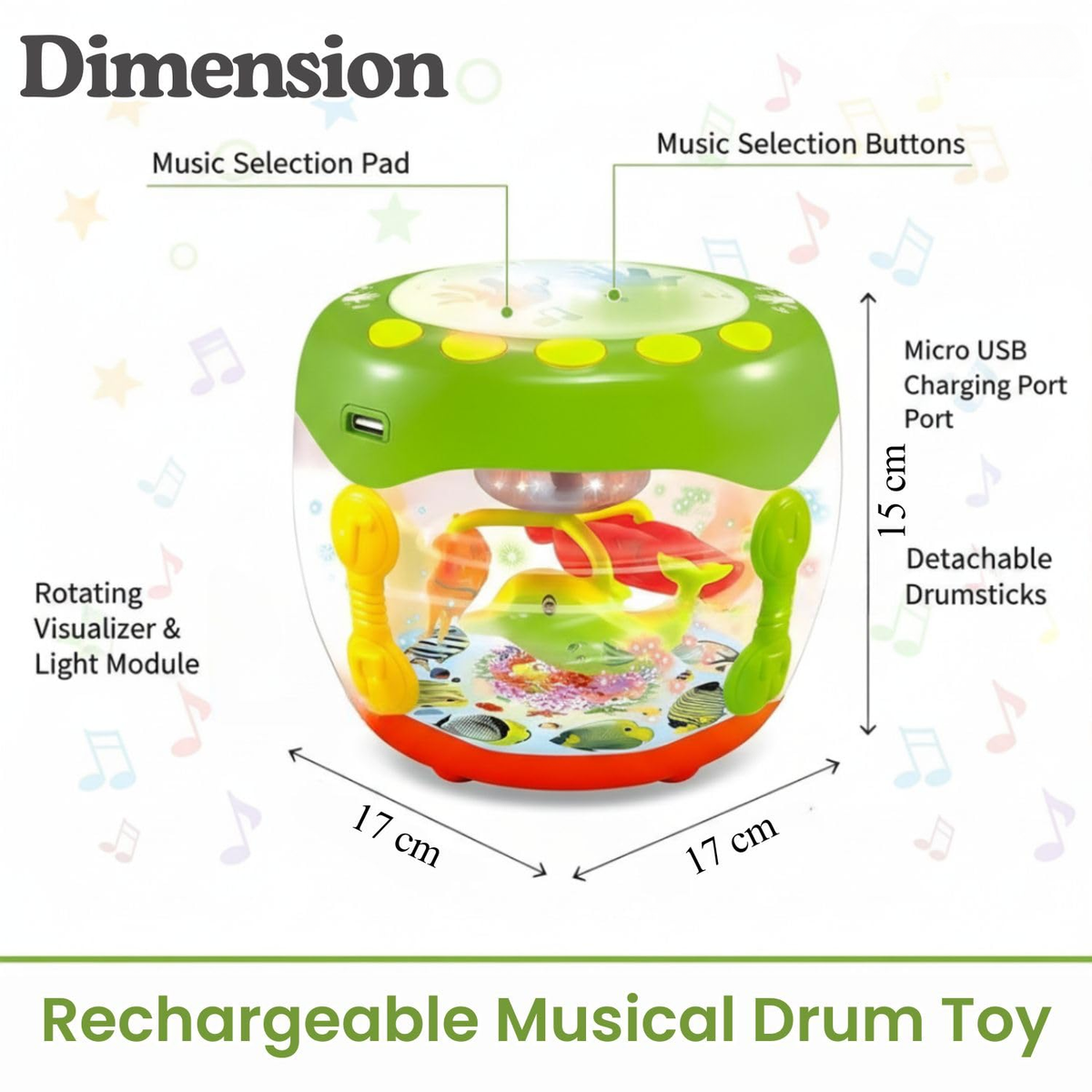Drumo: 2-in-1 Musical Drum & Rotating LED Lamplight Toy with 13 Sounds, 11 Songs, 8 Instrument Modes, Drum Beats & Rechargeable Battery for Kids