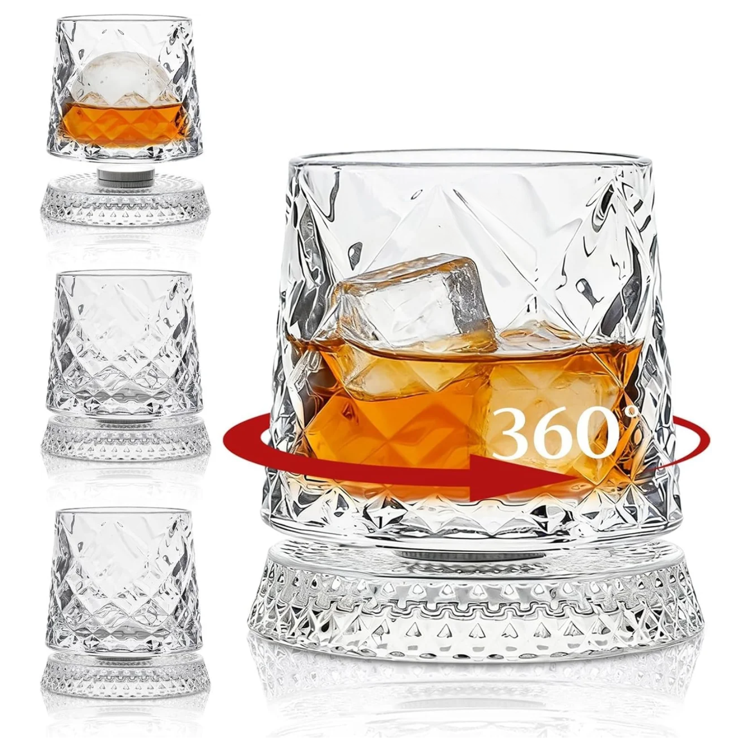 Glitzo: 300ml Revolving  Glass with Hexa-Cut Crystal Look, 360° Spinning Tumbler & LED Light Base Glass
