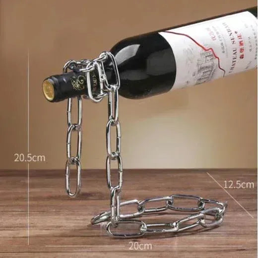Levino: Optical Illusion Wine Bottle Holder with Floating Chain Design, Tabletop Metal Wine Rack Holder, Unique Home Decor for Bar & Kitchen