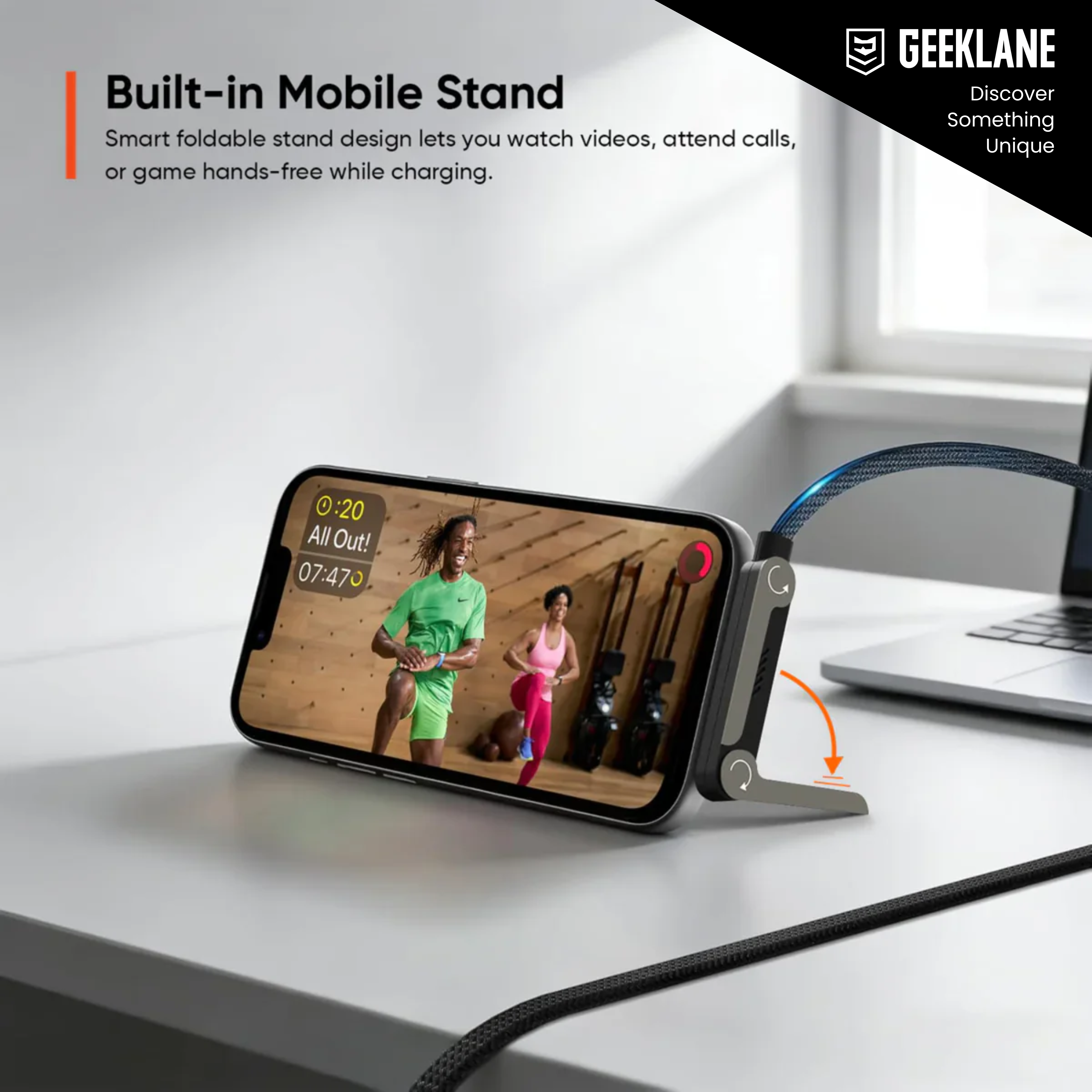 Docky: Charging Cable with Built-in Phone Stand, Fast Charging USB-C Cable with Adjustable Angle Holder for Hands-Free Use