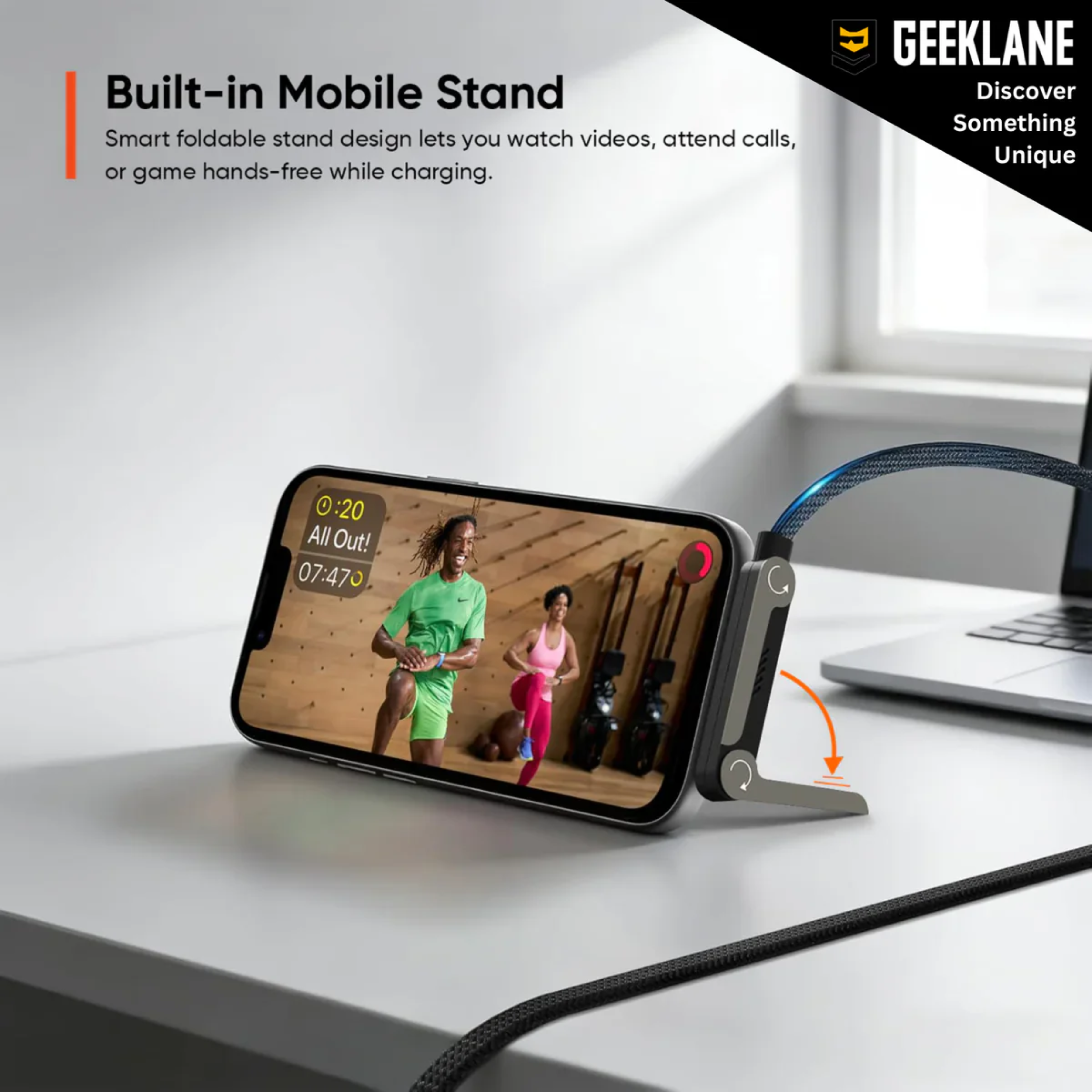 Docky: Charging Cable with Built-in Phone Stand, Fast Charging USB-C Cable with Adjustable Angle Holder for Hands-Free Use