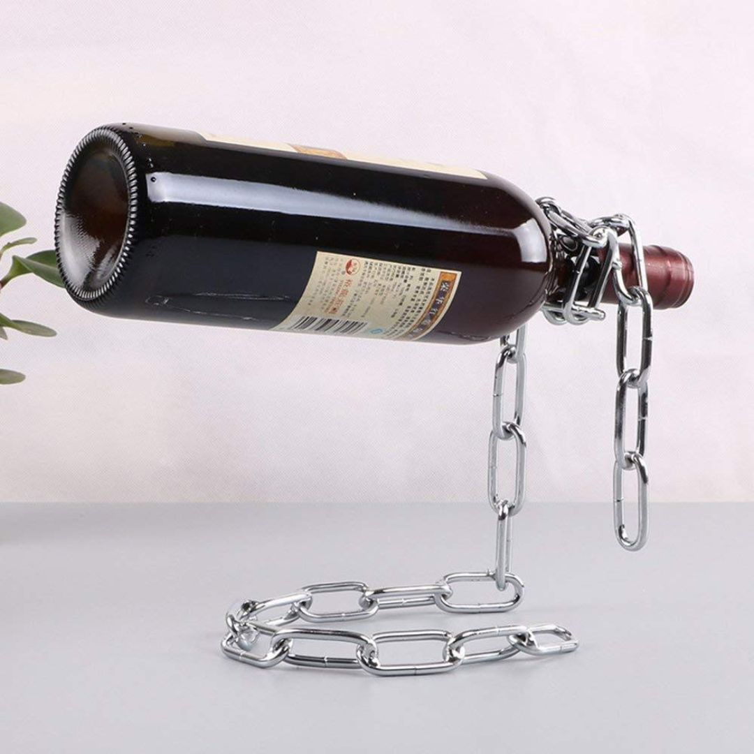 Levino: Optical Illusion Wine Bottle Holder with Floating Chain Design, Tabletop Metal Wine Rack Holder, Unique Home Decor for Bar & Kitchen