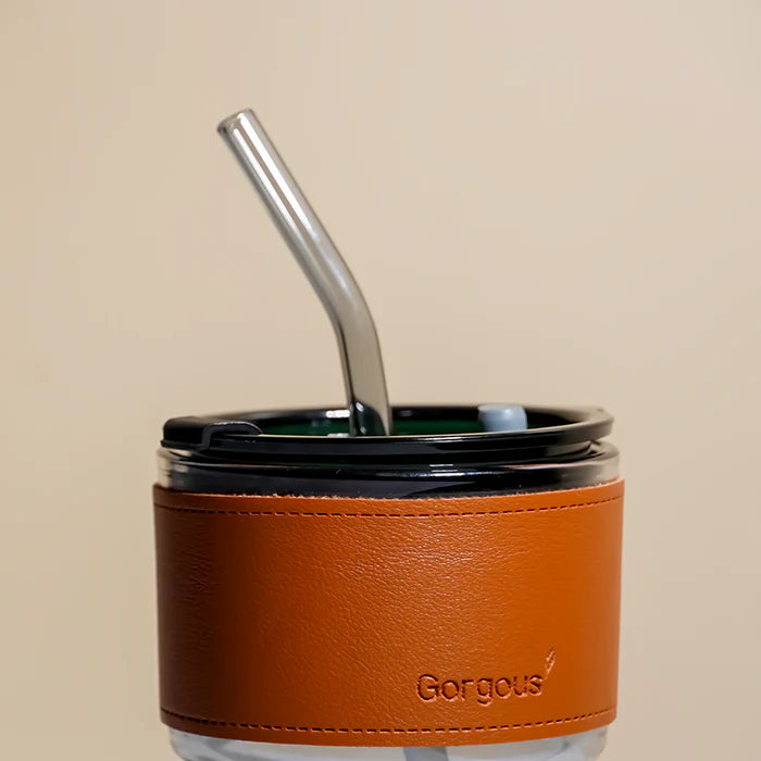 SipMate: Glass Tumbler with Lid, Straw & Leather Sleeve – Perfect for Coffee, Tea, Juice & Everyday Hydration