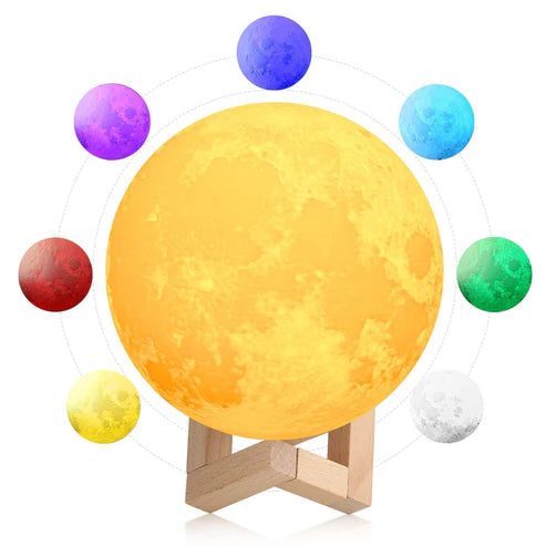 LunaGlow: 3D RGB Moon Lamp with 7-Color Touch Control, USB Rechargeable Design & Wooden Stand for Bedroom & Gifting