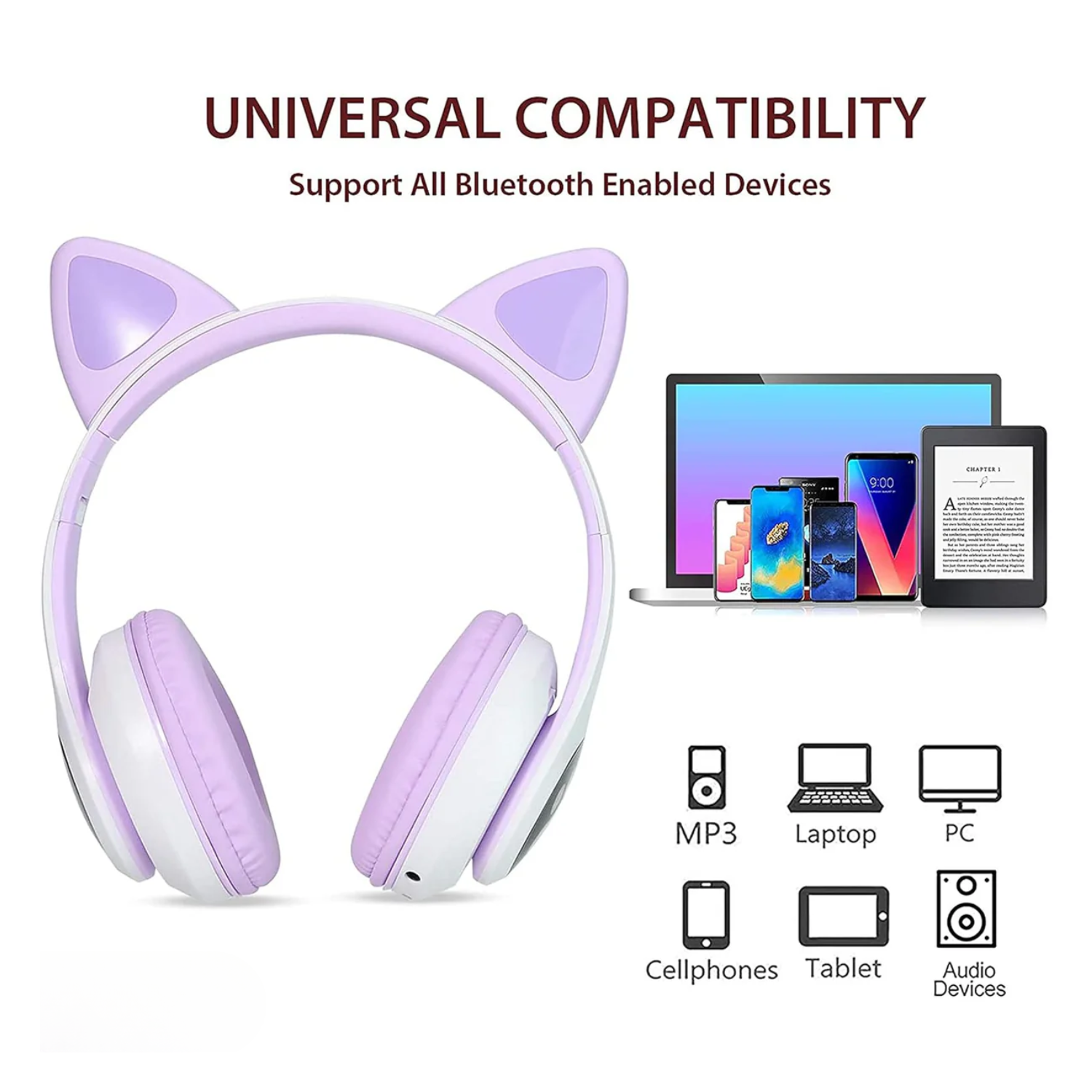 PurrStar: Cat Ear Bluetooth Headphones with LED Lights & Mic, Wireless Over-Ear Headphones, Cute Kitty Design for Music & Gaming (Assorted)