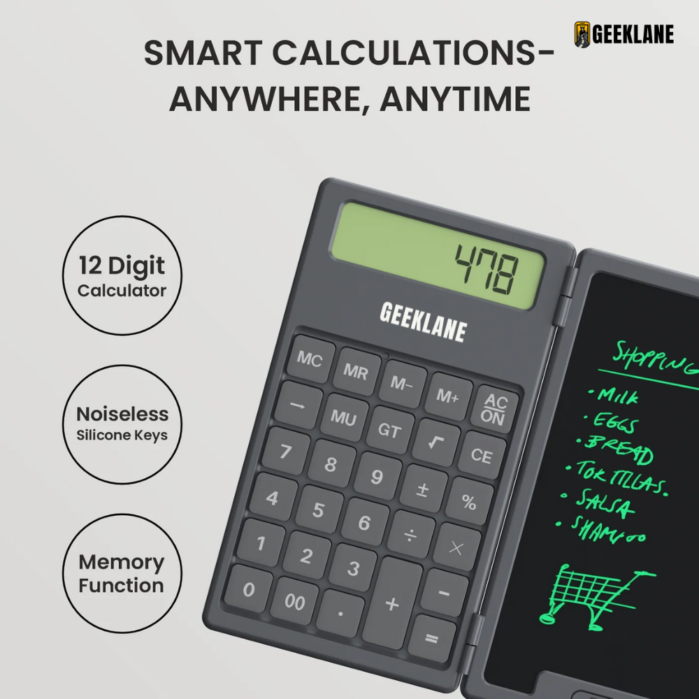 DigiFold:  2-in-1 Foldable Calculator & LCD Writing Pad – 12-Digit Pocket Calculator with 6.5-Inch Screen & Stylus for Office, School & On-the-Go Use