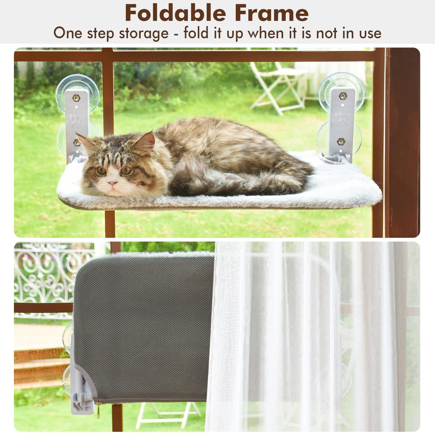 PurrNest: Window-Mounted Cat Hammock Bed with Strong Suction Cups, Reversible Cover with Two Different Kinds of Fabrics & Foldable Design