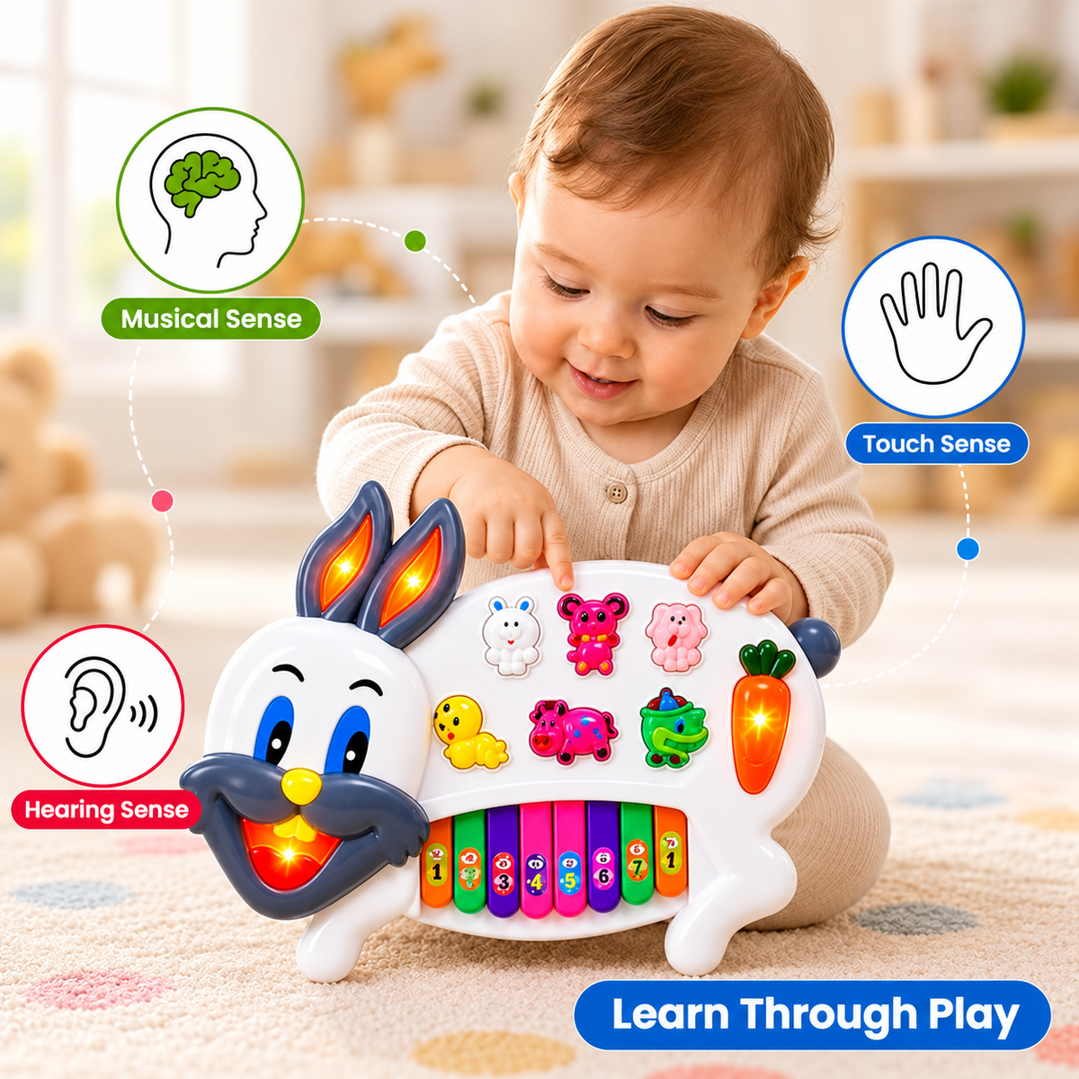 BonBon: Cute Rabbit Musical Piano Toy with 3 Play Modes, Interactive Keyboard, Animal Sounds, Flashing LED Lights & Music for Kids