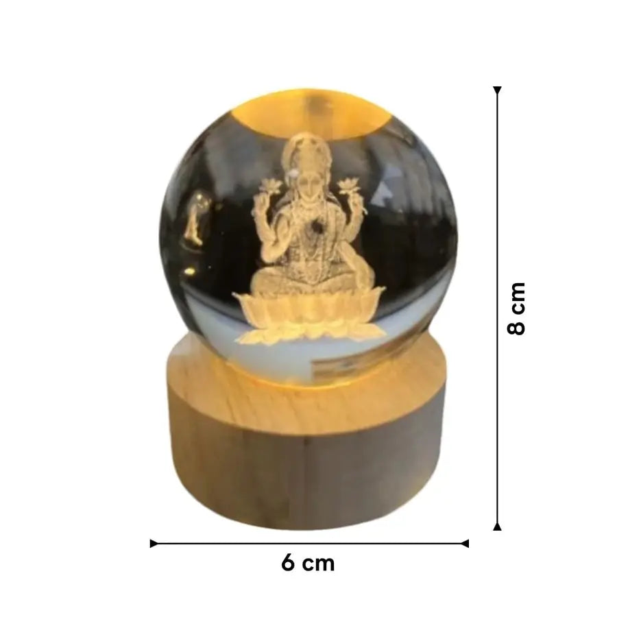 Laxmi: 3D LED Laxmi Ji Crystal Ball Night Lamp with USB-Powered Glow & Wooden Base for Mandir, Home & Office Décor