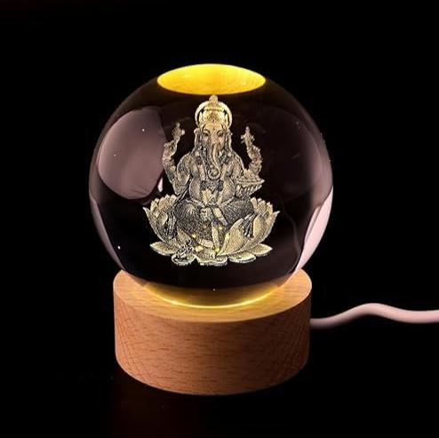 Ganpati: 3D LED Ganpati Ji Crystal Ball Night Lamp with USB-Powered Colorful Glow & Wooden Base for Home, Mandir & Office Décor