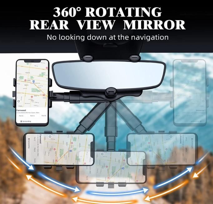 MirrorGrip: 60° Rotating Rearview Mirror Phone Holder with Anti-Shake Cradle & Adjustable Mount for Safe Driving