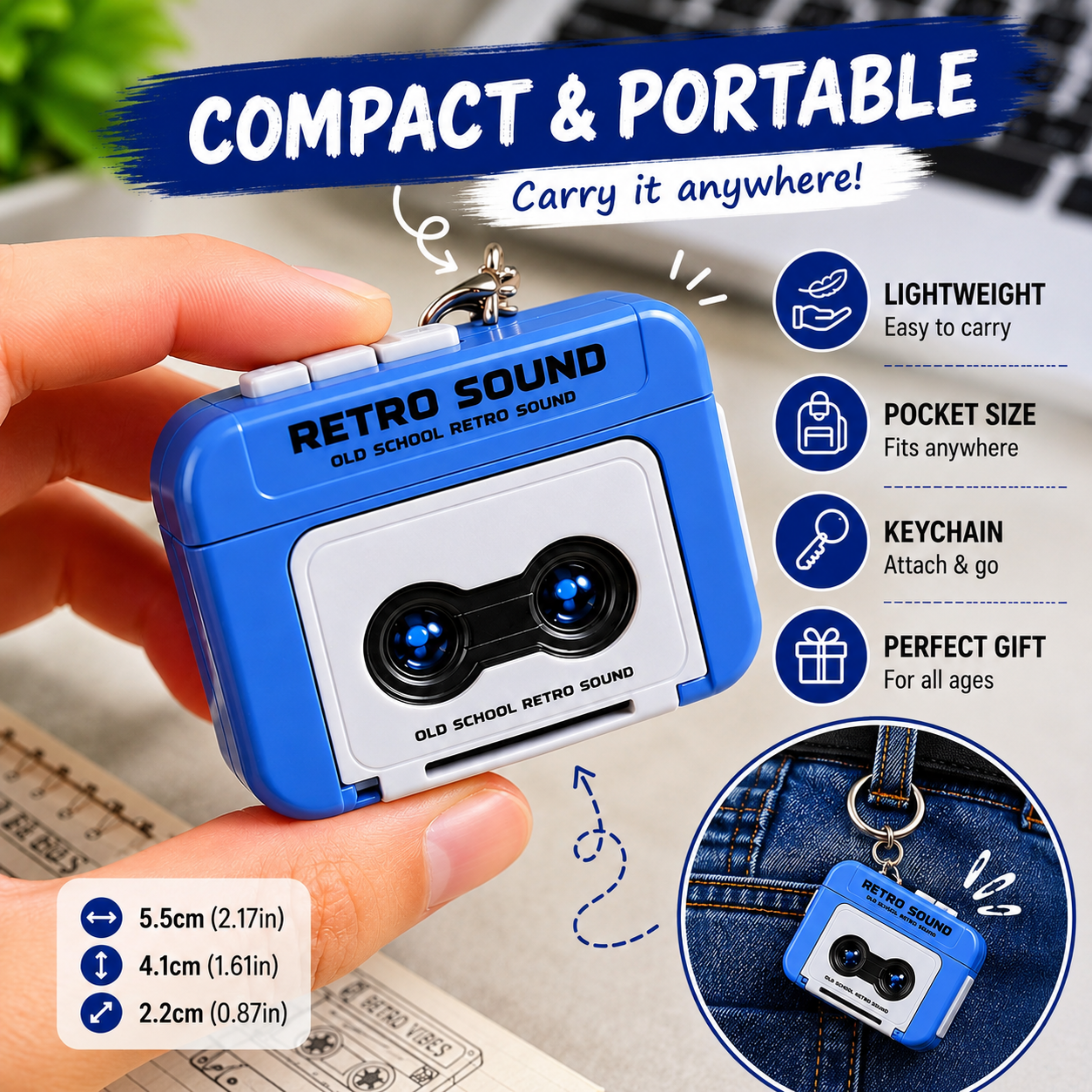 Yappy: Mini Retro Recorder Tape Keychain, Voice Recording Keychain with Mini Cassette Design & Built-In Playback Function for Bags, Keys & Collectible Gifts
