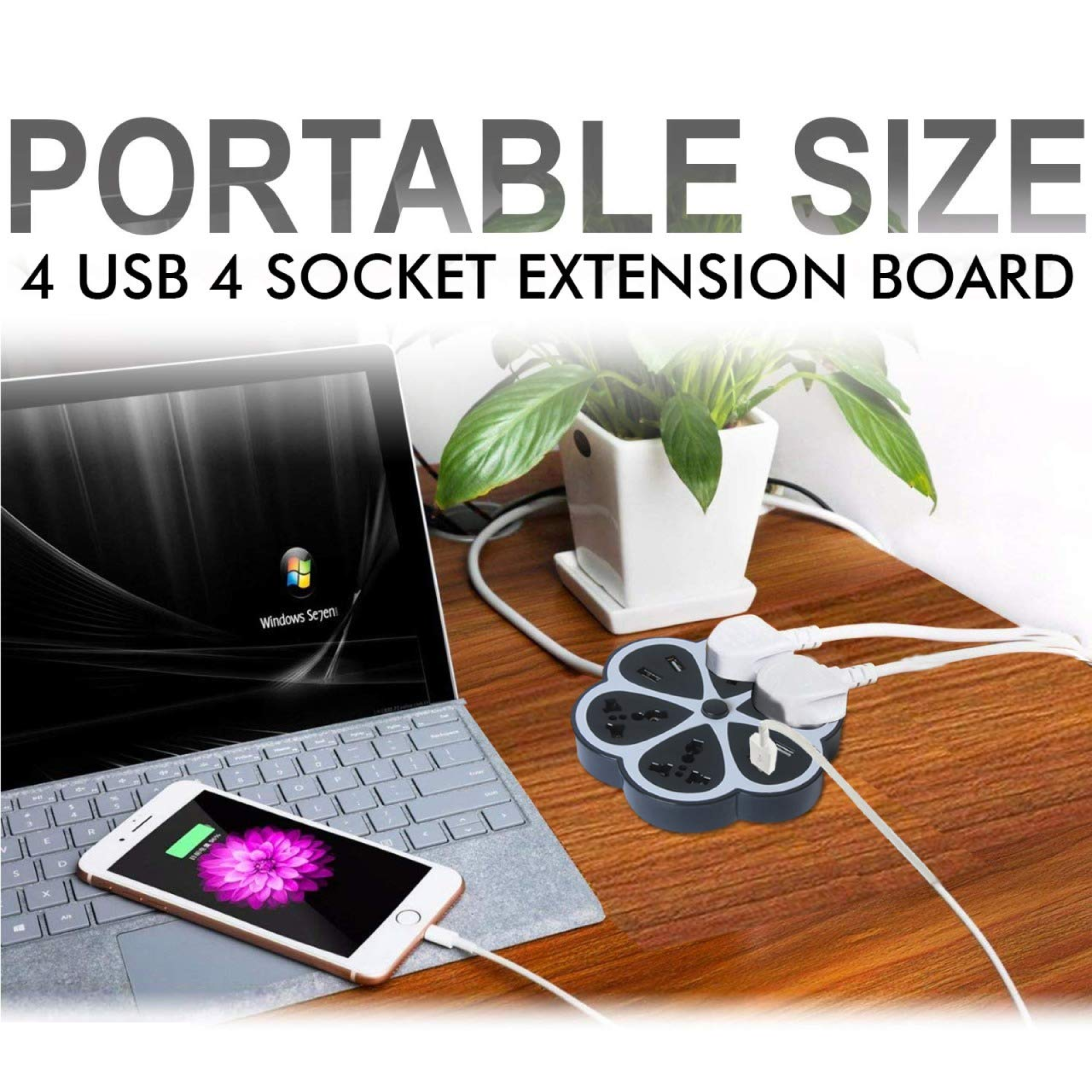PowerHub: Multi-Socket Extension Board with 4 Power Outlets, 4 USB Ports & Power Switch for Home and Office Charging