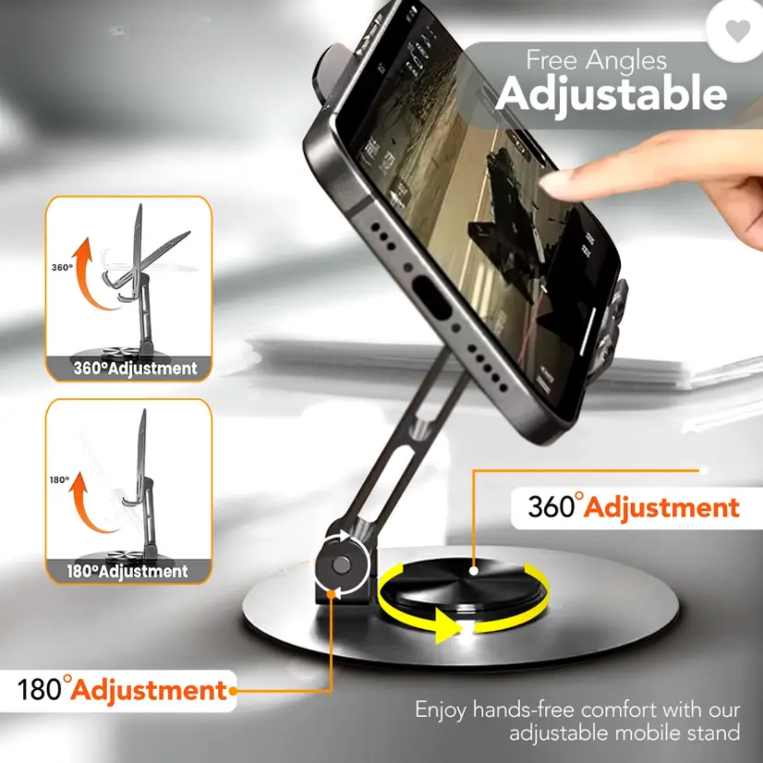 Rotaty: Adjustable Universal Mobile & Tablet Stand, 360° Rotating, Foldable Phone Holder with Stable Metal Base, Anti-Slip Pad & Height Adjustment for Desk & Tabletop Use