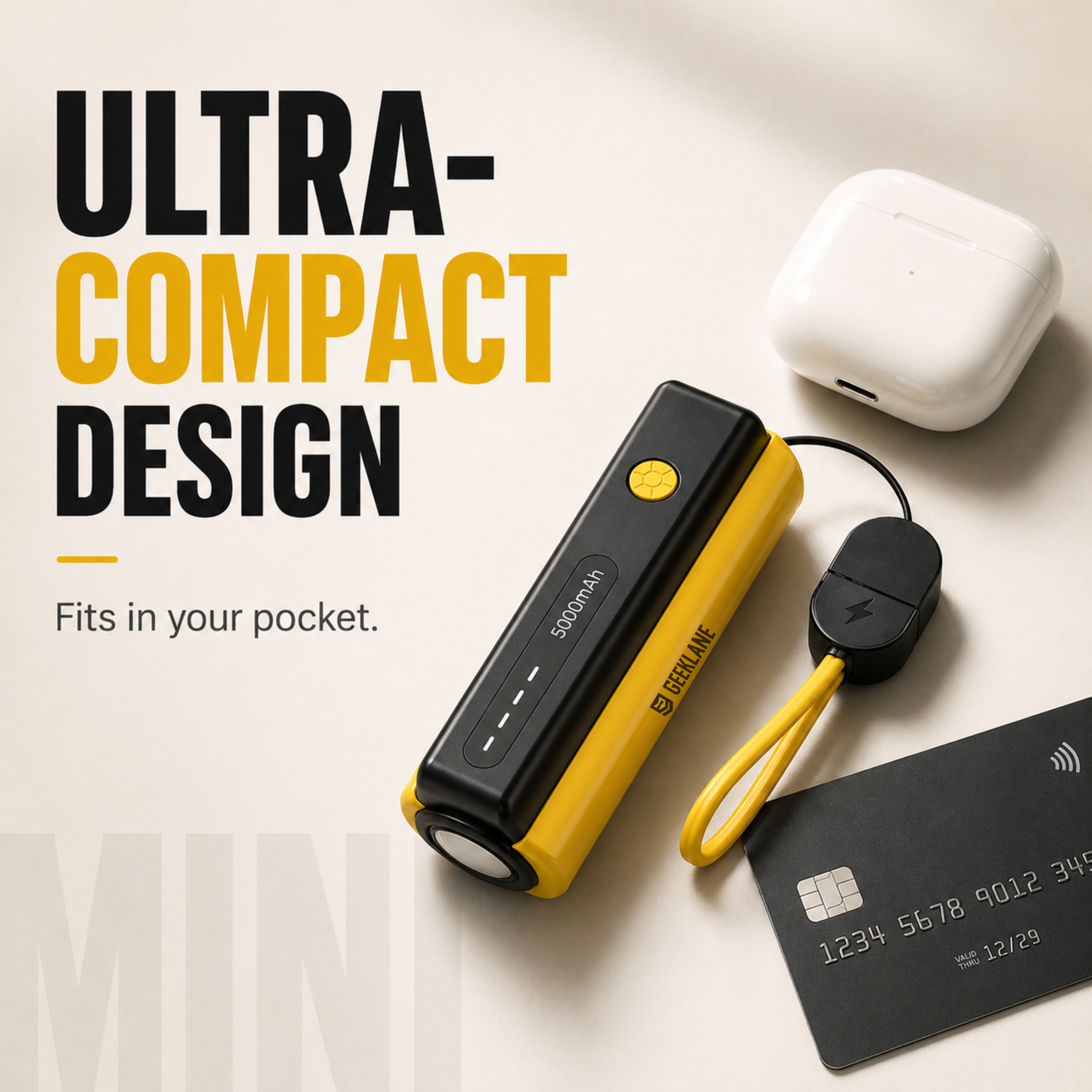 Pico: 5000mAh Mini Pocket Power Bank with Built-In Lanyard Type-C Cable, Torch & Fast Charging