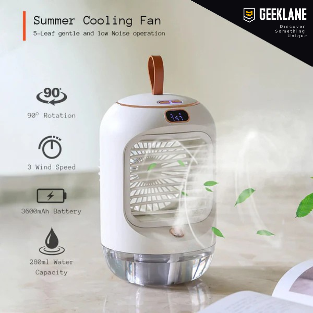 CoolMate: Premium Quality Portable Cooling Fan & Humidifier, 3 Speeds, 280ml Mist, Night Light, 90° Rotation, USB Rechargeable (3600mAh) for Personal Cooling.