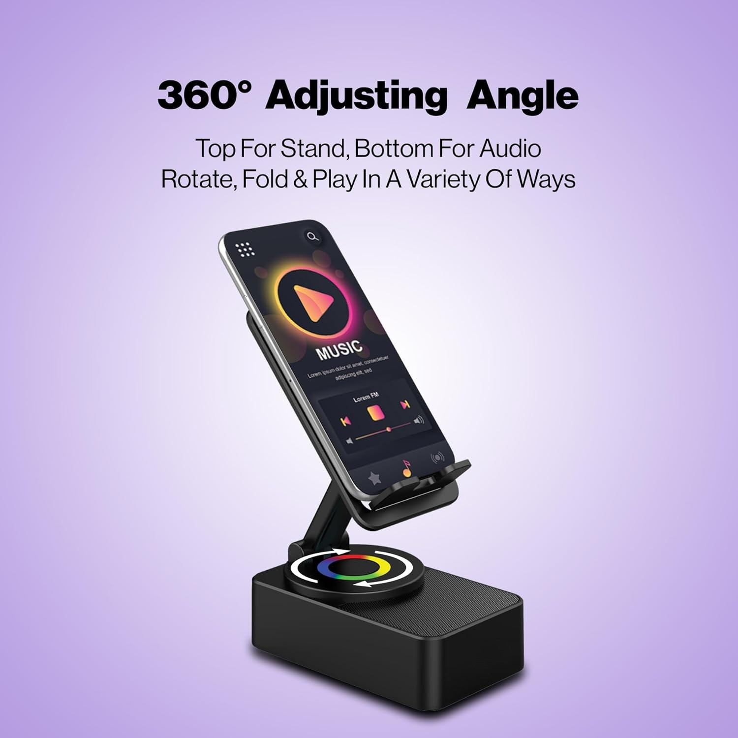 Luvo: 3-in-1 Foldable Phone Stand with Bluetooth Speaker & 360° Rotation, Portable Desk Holder with Wireless Audio, Hands-Free Viewing & Compact Travel-Friendly Designea