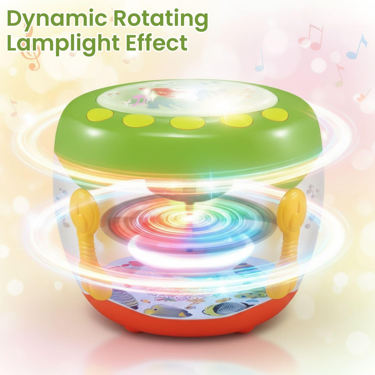 Drumo: 2-in-1 Musical Drum & Rotating LED Lamplight Toy with 13 Sounds, 11 Songs, 8 Instrument Modes, Drum Beats & Rechargeable Battery for Kids