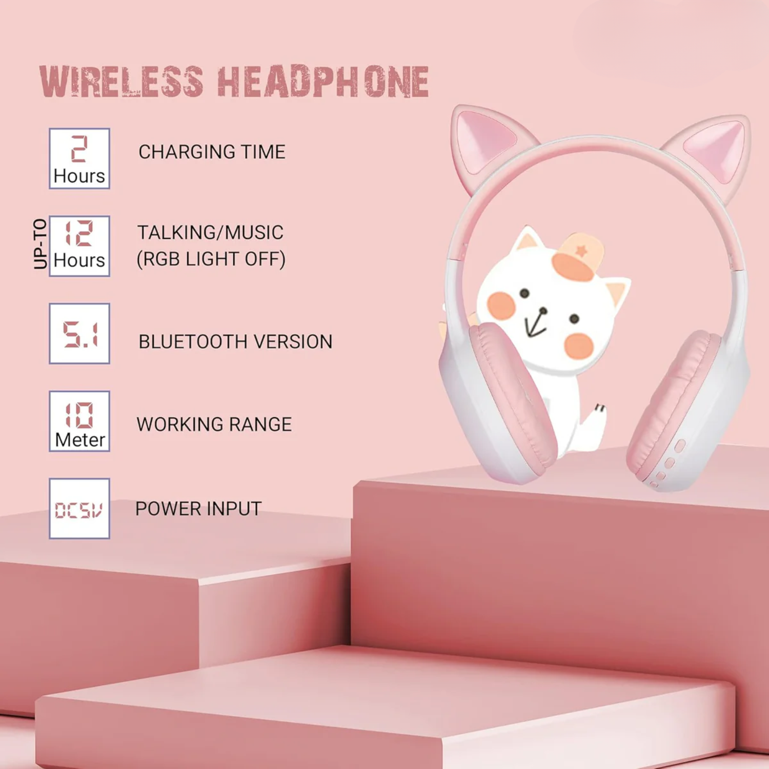 PurrStar: Cat Ear Bluetooth Headphones with LED Lights & Mic, Wireless Over-Ear Headphones, Cute Kitty Design for Music & Gaming (Assorted)