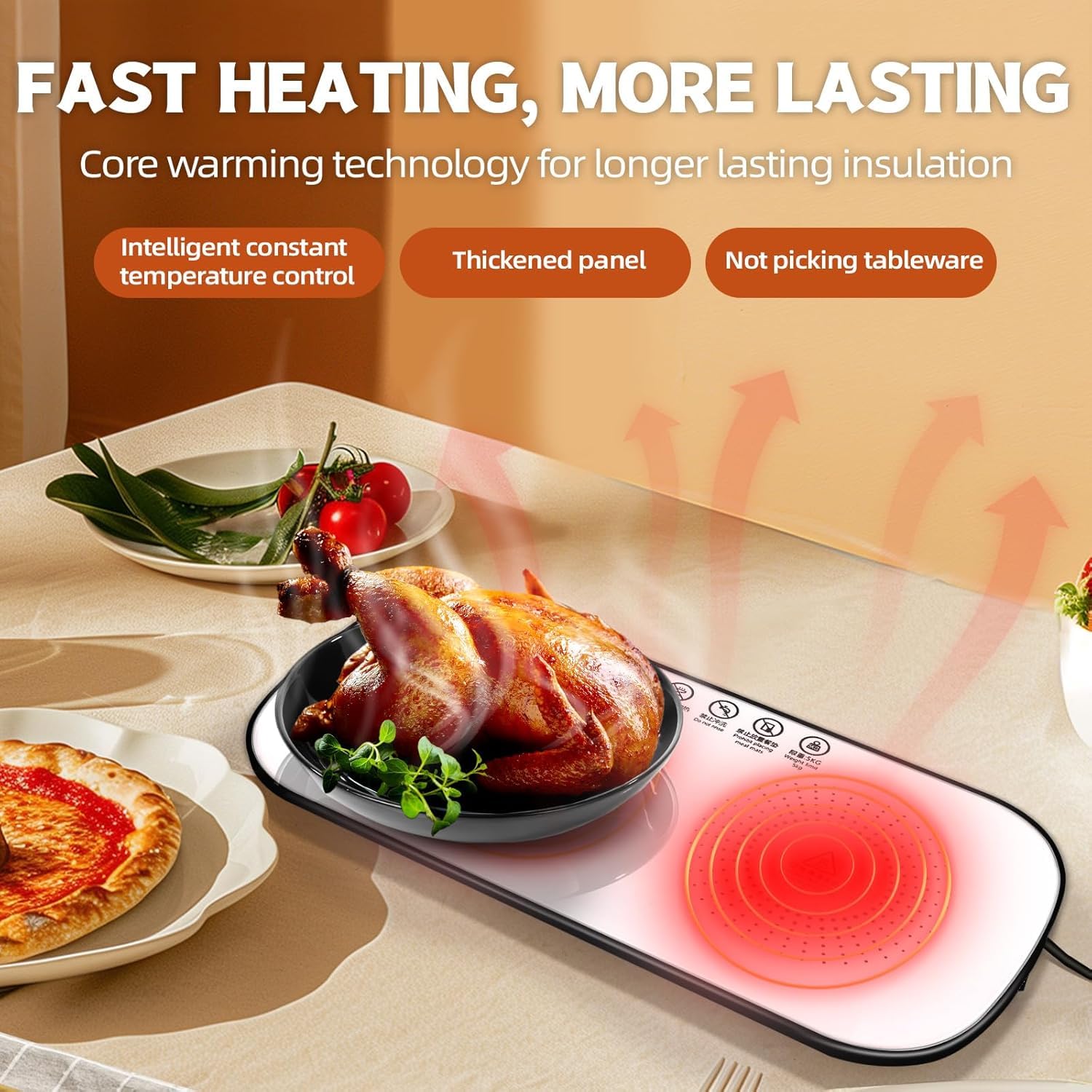 Heatio: Electric Food Warming Tray with Adjustable Temperature Control, Portable Heating Mat for Keeping Food Warm, Easy-Clean Anti-Scald Surface for Dining Tables & Home Use