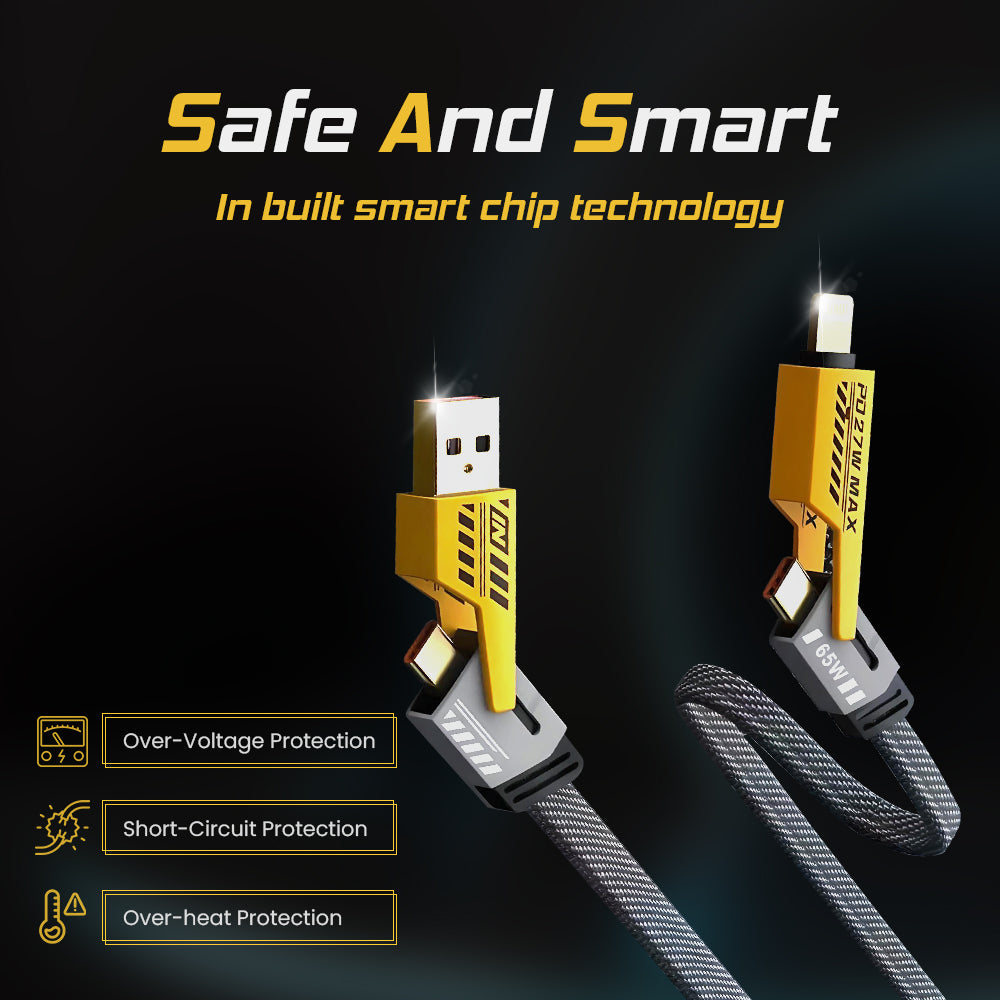 SpeedLink: 4-in-1 65W Fast Charging Data Cable with USB-A, Type-C & Lightning Connectors for High-Speed Charging & Data Transfer
