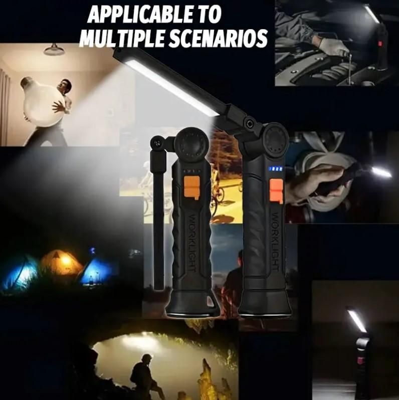 WorkLight: Rechargeable LED Work Light with Magnetic Base & 360° Folding Design, 5 Lighting Modes, Hook & Portable Torch for Car Repair, Camping & Emergency Use