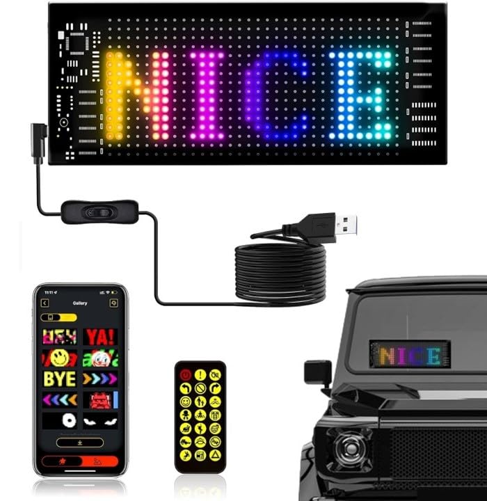 Pixy: RGB LED Matrix Display Panel with App & Remote Control, Flexible Pixel Sign Board for Cars, Rooms, Offices & Custom Scrolling Messages (7" × 3")