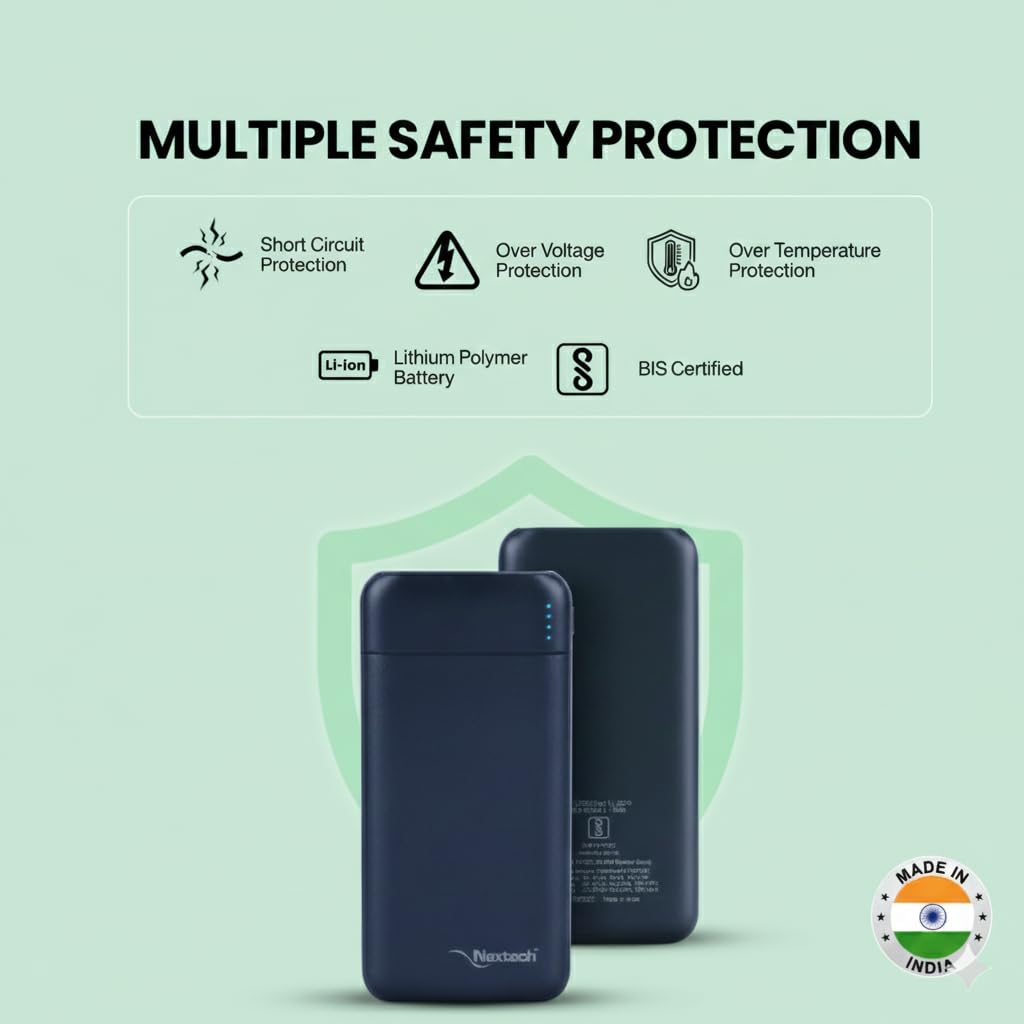 Nextech Slender PDQC 22.5W | 10000mAh | Made in India | Fast Charging | Ultra Slim Power Bank | Type-C PD & QC 3.0 USB Output | Compatible with Smartphones, iPhone, Android | BLUE