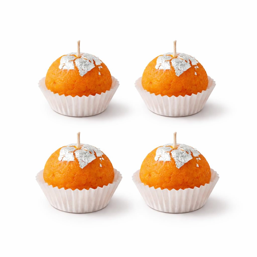 Laddoo: Traditional Motichoor Laddoo-Shaped Decorative Candles, Festive Mithai-Style Wax Candles for Diwali Décor & Gifting (Pack of 4)