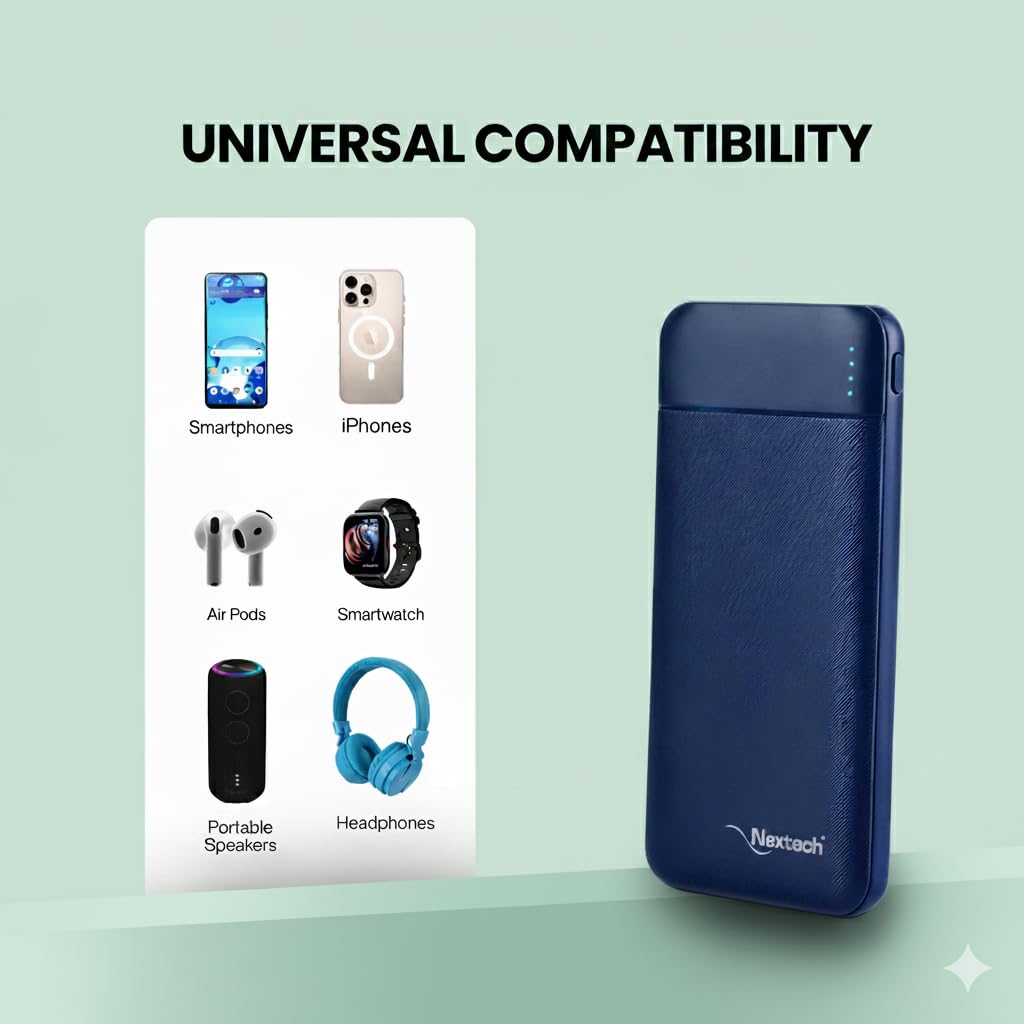 Nextech Slender PDQC 22.5W | 10000mAh | Made in India | Fast Charging | Ultra Slim Power Bank | Type-C PD & QC 3.0 USB Output | Compatible with Smartphones, iPhone, Android | BLUE
