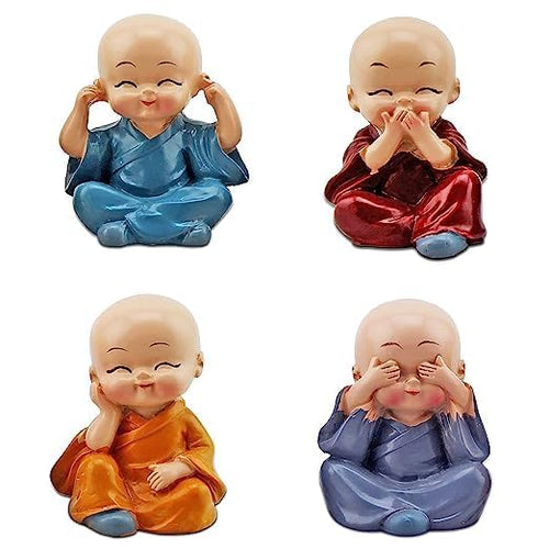Bliss: Set of 4 Buddha Monk Statues with Elegant Design, Ideal for Home, Office & Spiritual Decor