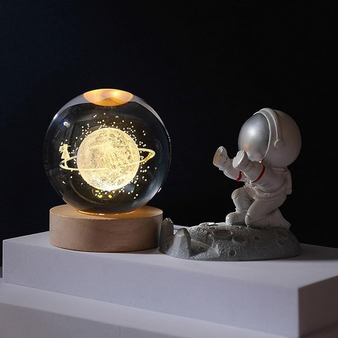 Pluto: 3D LED Crystal Ball Night Lamp with Holographic Engraving & USB-Powered Wooden Base for Home & Office Décor