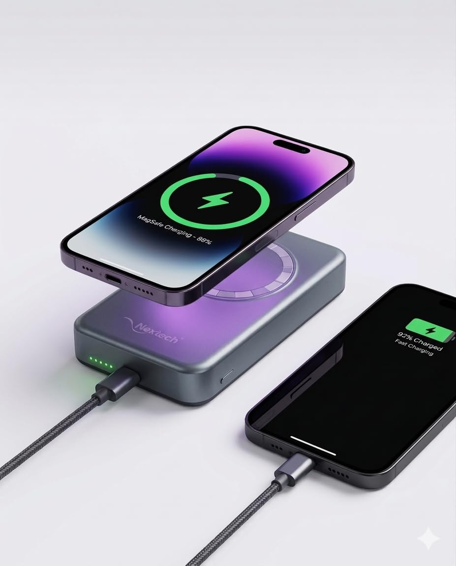 Nextech MagNxt | 10,000mAh Wireless Rapid Charge | Type-C PD | 22.5W Output | Compact, Sleek | 15W Magnetic Charging | LED Indicator | Compatible with iPhone 12 & Qi | Space Grey
