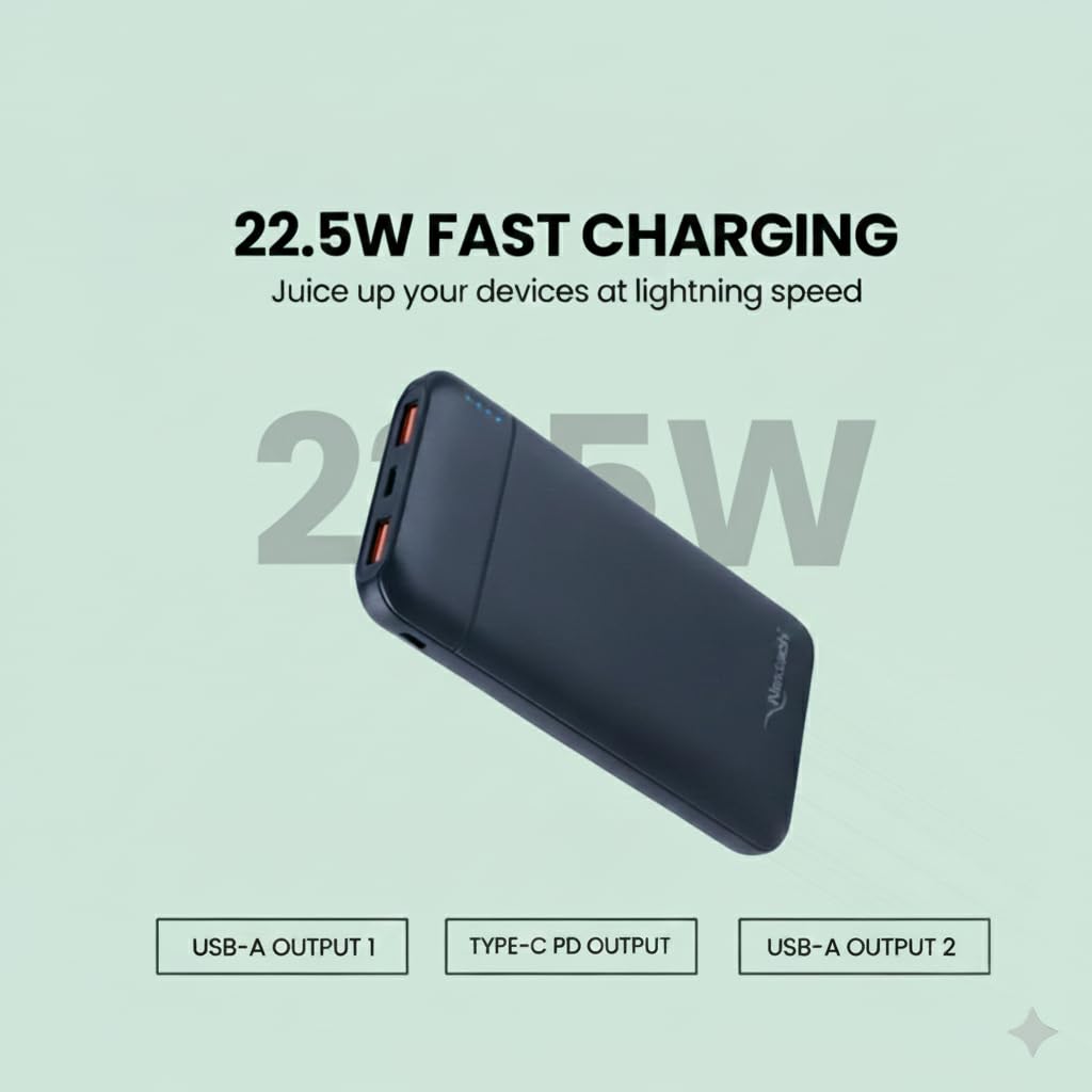 Nextech Slender PDQC 22.5W | 10000mAh | Made in India | Fast Charging | Ultra Slim Power Bank | Type-C PD & QC 3.0 USB Output | Compatible with Smartphones, iPhone, Android | BLUE