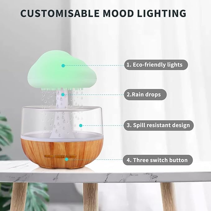 ZenMist: Mindfulness Rain Cloud Humidifier with Water Drop Sounds, 7-Color Night Light & Essential Oil Diffuser for Relaxation & Aromatherapy