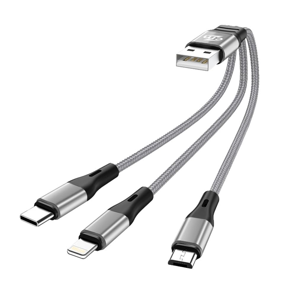 Trippy: 3-in-1 Universal Fast Charging Cable with Lightning, Type-C & Micro-USB – Durable Fabric Multi Charging Cable (21 cm)