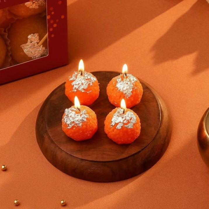 Laddoo: Traditional Motichoor Laddoo-Shaped Decorative Candles, Festive Mithai-Style Wax Candles for Diwali Décor & Gifting (Pack of 4)